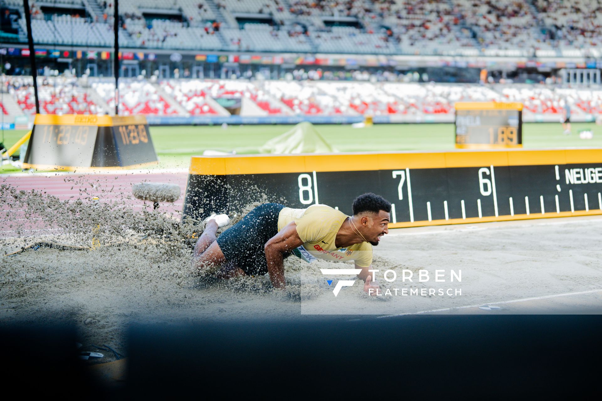 Leo Neugebauer (GER/Germany) during the Decathlon Long Jump on Day 6 of the World Athletics Championships Budapest 23 at the National Athletics Centre in Budapest, Hungary on August 24, 2023.