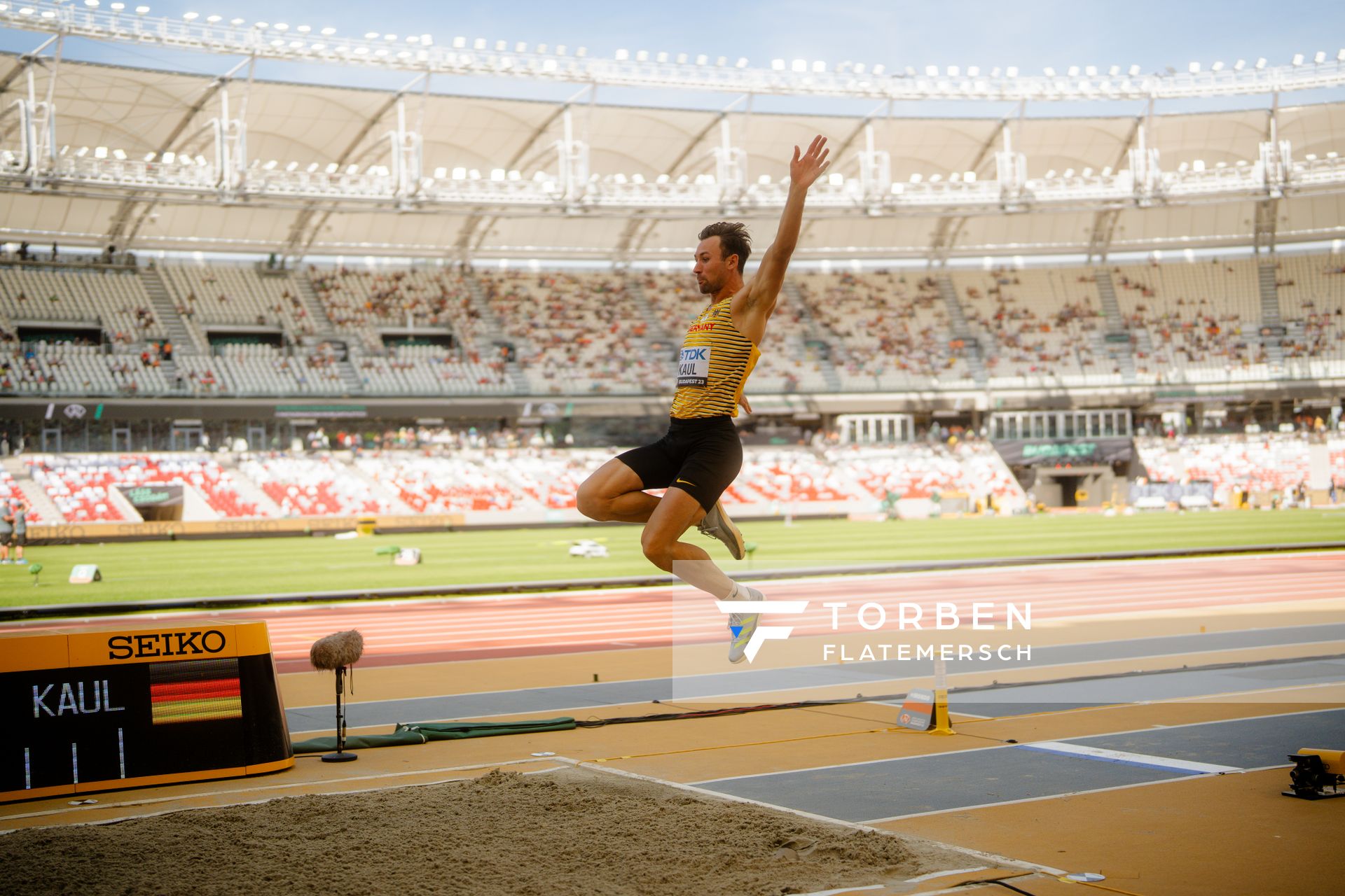 Niklas Kaul (GER/Germany) during the Decathlon Long Jump on Day 6 of the World Athletics Championships Budapest 23 at the National Athletics Centre in Budapest, Hungary on August 24, 2023.