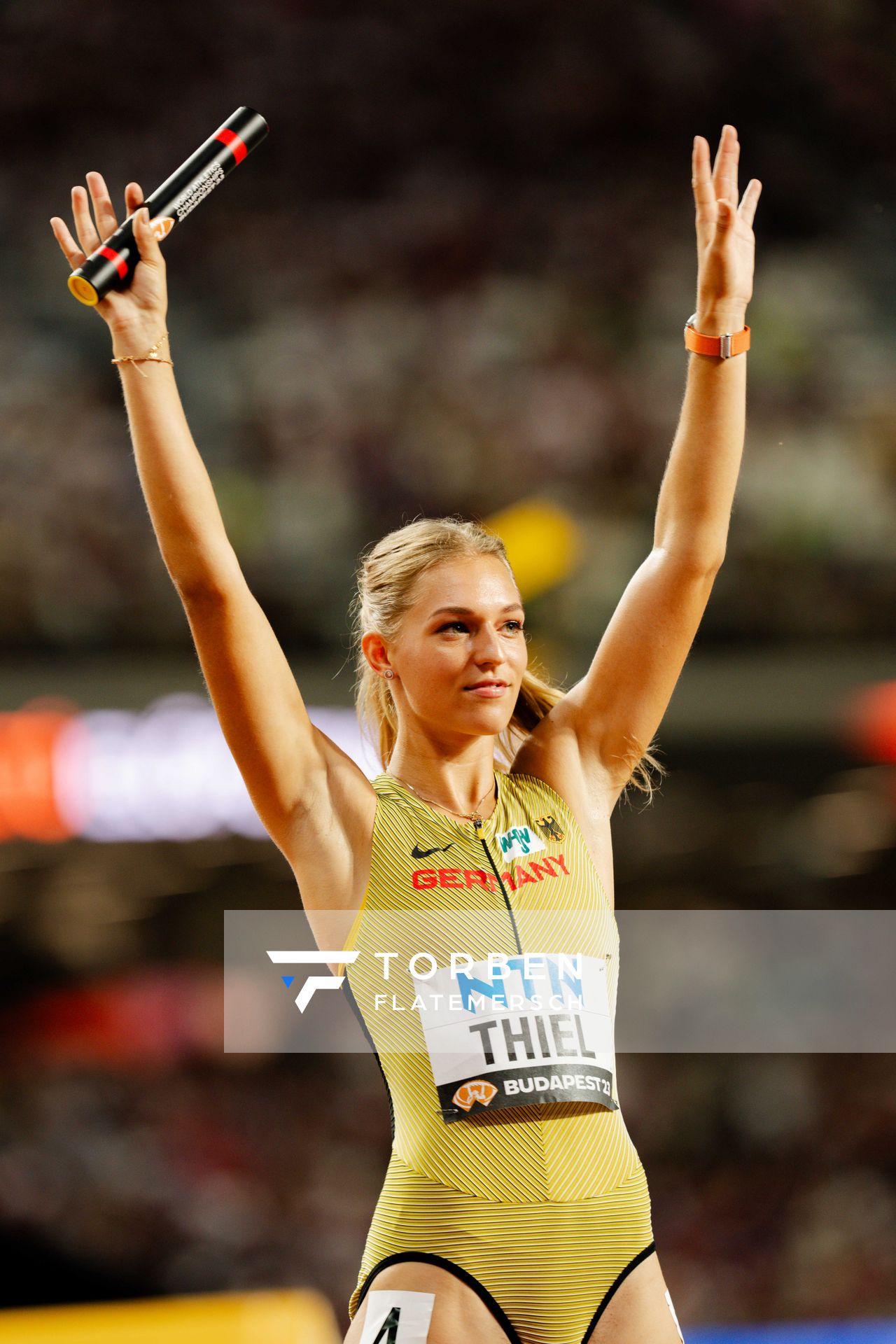 Luna Thiel (GER/Germany) during the 4x400 Metres Relay on Day 8 of the World Athletics Championships Budapest 23 at the National Athletics Centre in Budapest, Hungary on August 26, 2023.