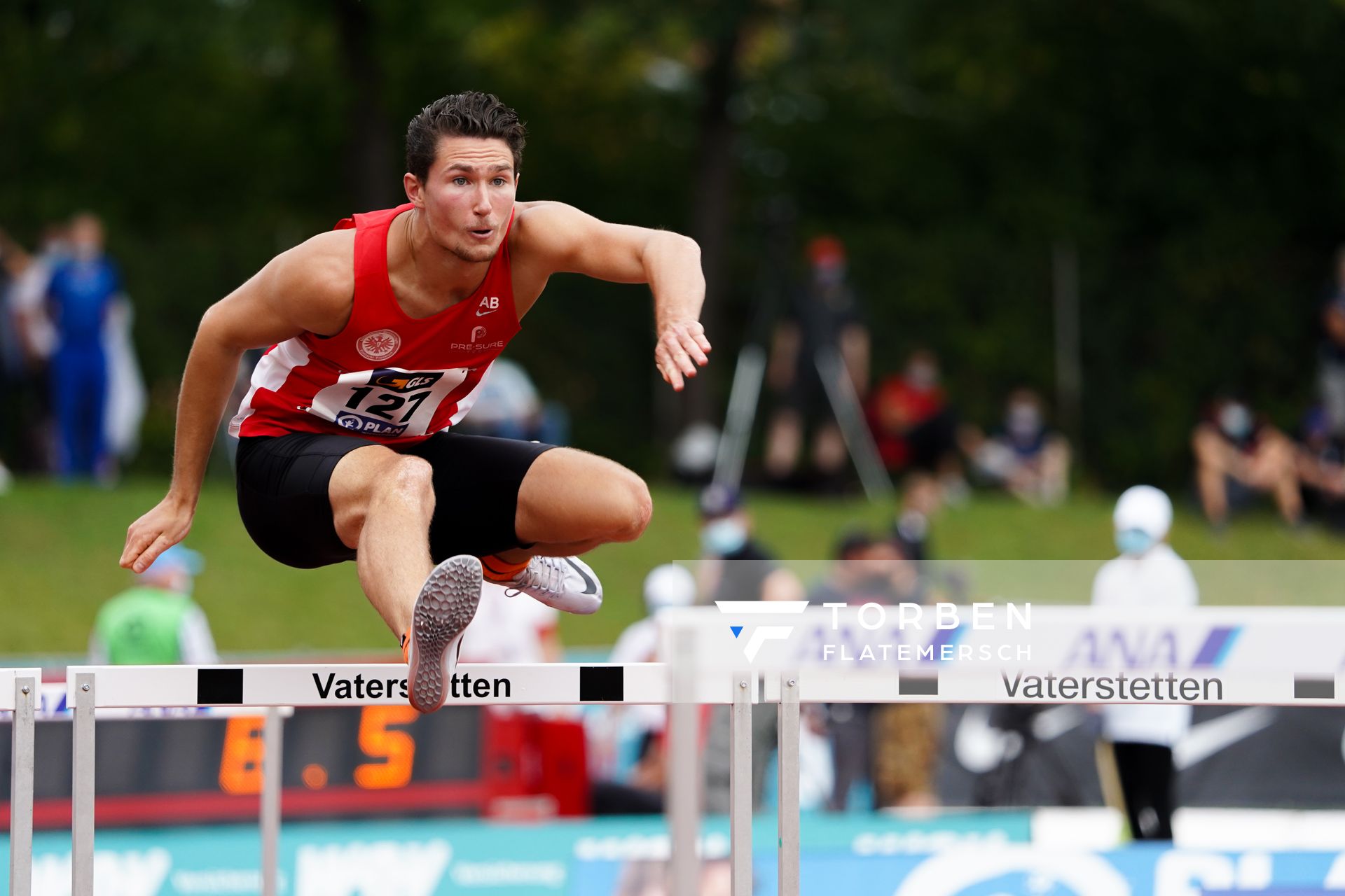 Andreas Bechmann (LG Eintracht Frankfurt) darf nochmal ueber 110 Huerden ran;Deutsche Leichtathletik-Mehrkampfmeisterschaften (Tag 3) am 23.08.2020 in Vaterstetten (Bayern)