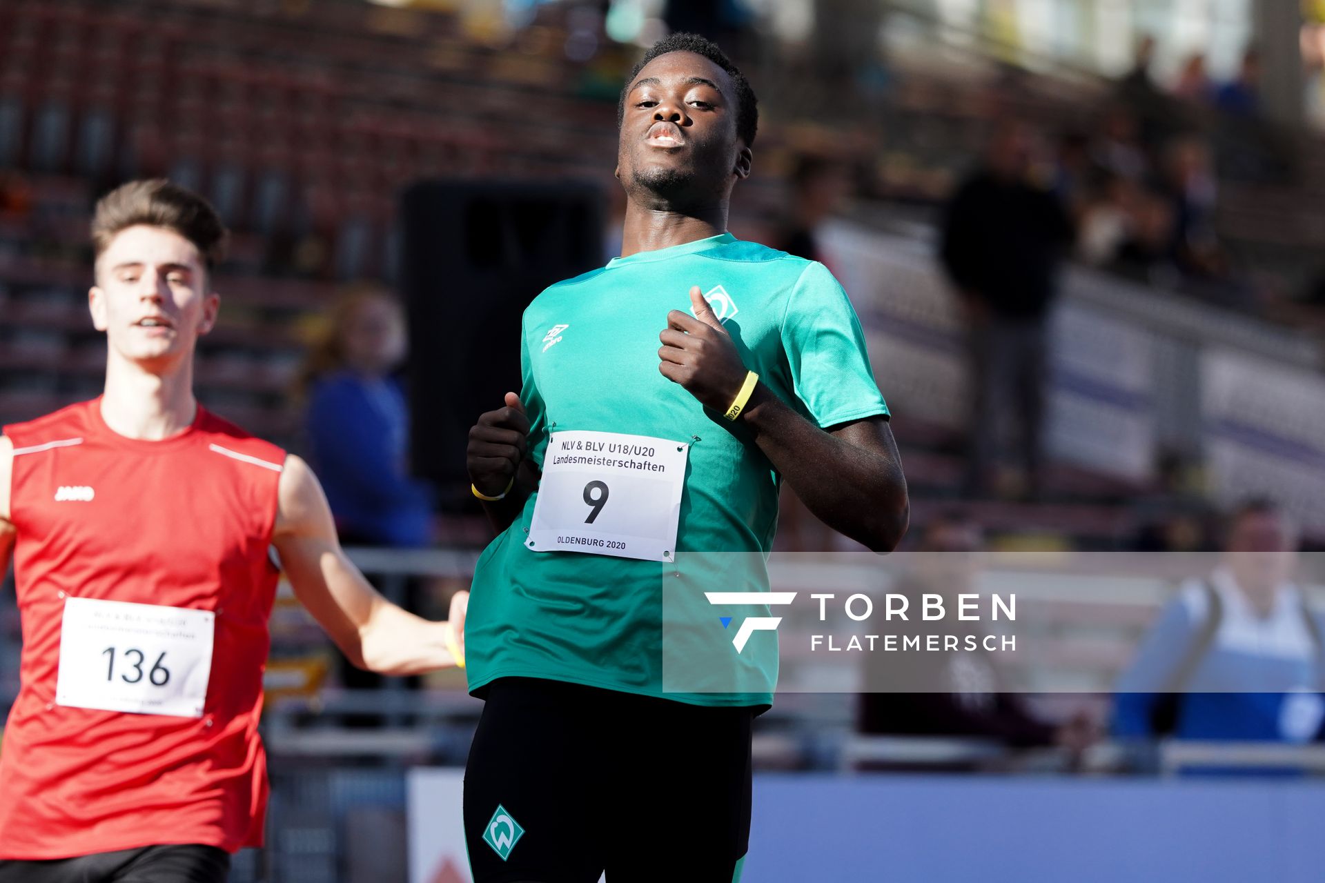 Noah Olabisi (SV Werder Bremen) ueber 100m am 19.09.2020 waehrend den niedersaechsischen Leichtathletik-Landesmeisterschaften U18/U20 im Stadion am Marschweg in Oldenburg (Tag 1)