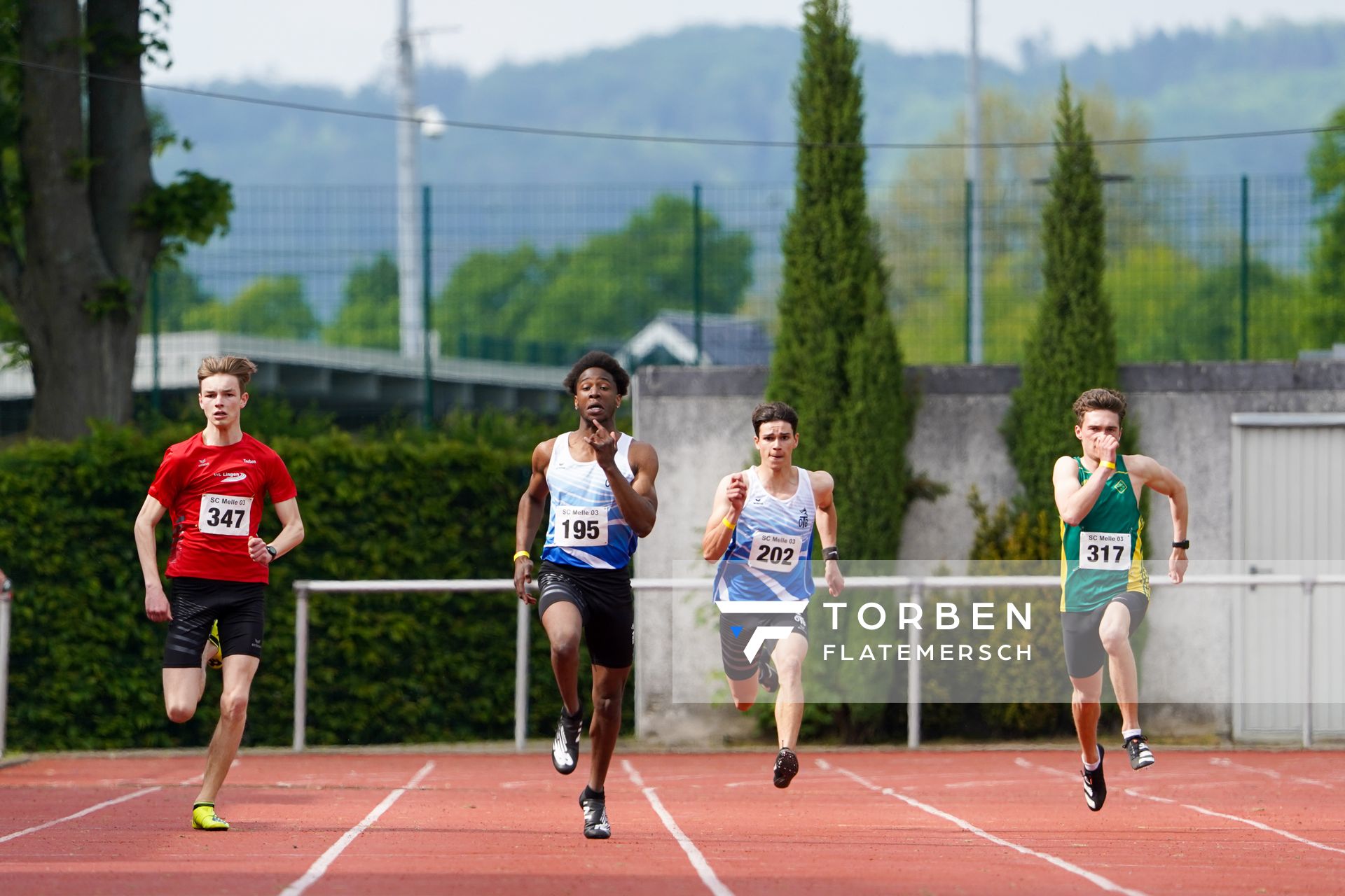 Torben Lillie (VfL Lingen), Jafia Lehmann (OTB Osnabrueck), Bennett Schlueter (OTB Osnabrueck) und Torben Steinberg (TuS Bothfeld) am 29.05.2021 waehrend des Frank Ruediger Sportfestes auf dem Carl-Starcke-Platz in Melle