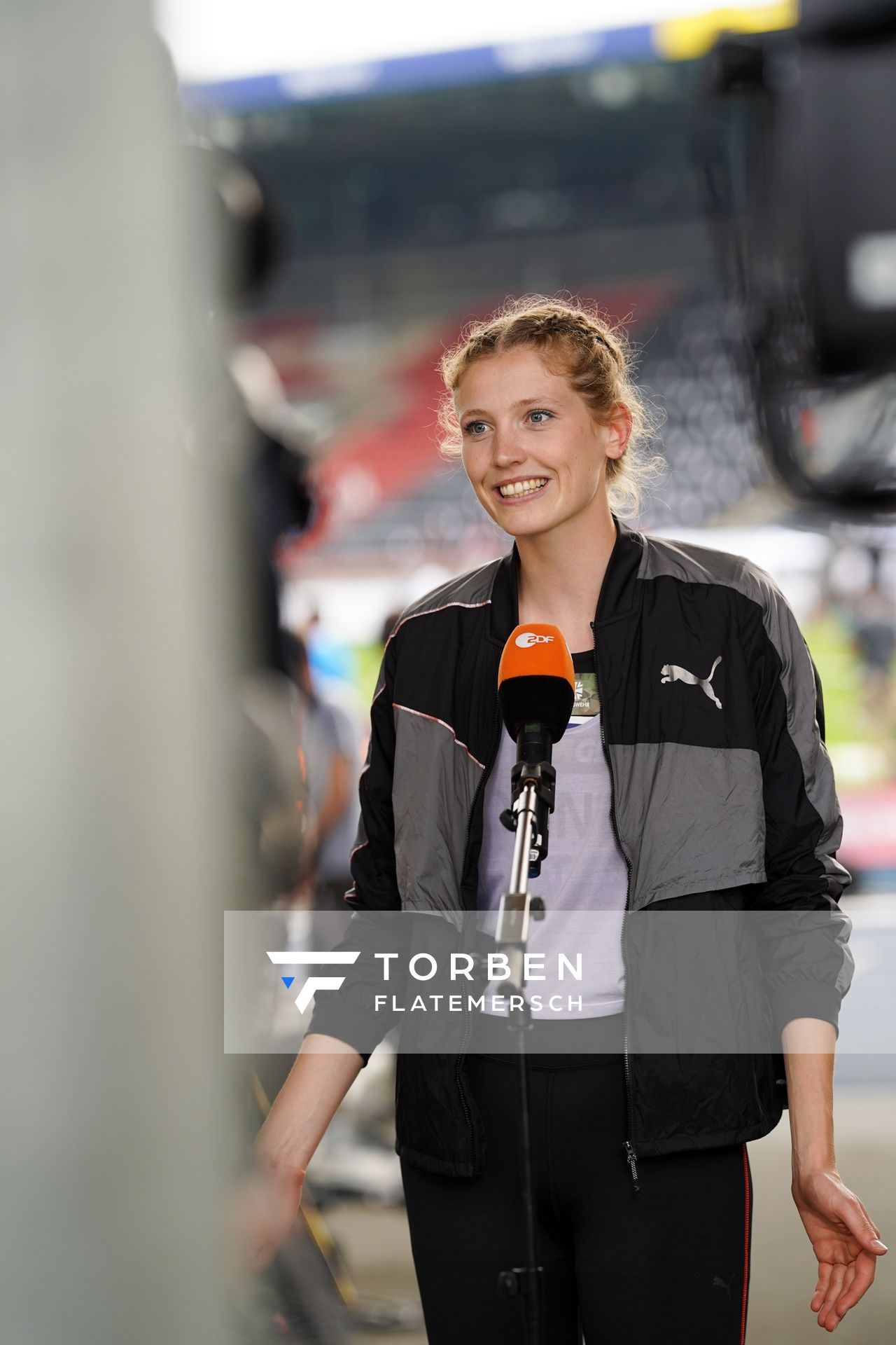 Imke Onnen (Hannover 96) im Interview am 05.06.2021 waehrend den deutschen Leichtathletik-Meisterschaften 2021 im Eintracht-Stadion in Braunschweig