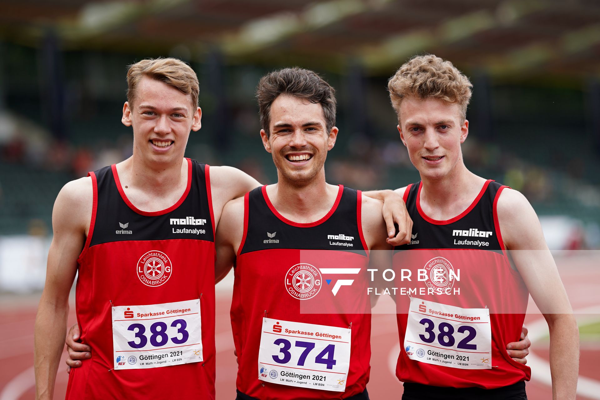 Das 800m-Trio der LG Osnabrueck: Erik Siemer (LG Osnabrueck), Marvin Dierker (LG Osnabrueck) und Andre Rohling (LG Osnabrueck) am 20.06.2021 waehrend den NLV + BLV Landesmeisterschaften im Jahnstadion in Göttingen