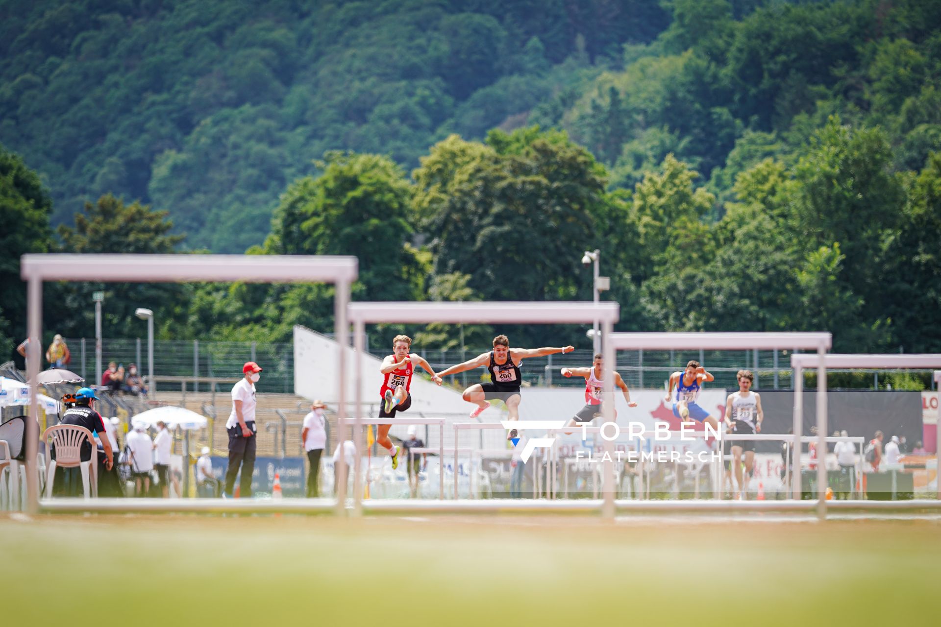 Henri Schlund (TSV Bayer 04 Leverkusen), Marcel Meyer (Hannover 96), Justus Ringel (SC Potsdam), Mateusz Lewandowski (TV Wattenscheid 01) am 26.06.2021 waehrend den deutschen U23 Leichtathletik-Meisterschaften 2021 im Stadion Oberwerth in Koblenz