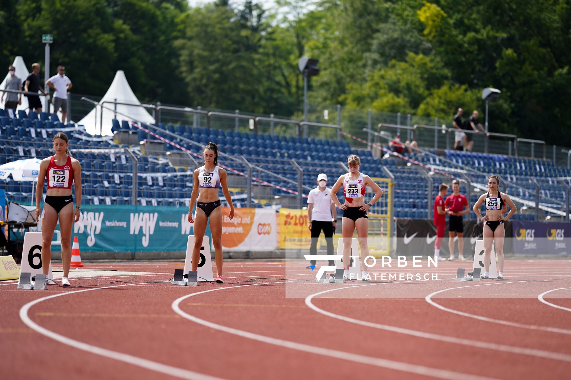 Annkathrin Hoven (TSV Bayer 04 Leverkusen), Sabrina Hafner (LG TELIS FINANZ Regensburg), Talea Prepens (TV Cloppenburg), Marina Scherzl (LG Kreis Dachau) am 27.06.2021 waehrend den deutschen U23 Leichtathletik-Meisterschaften 2021 im Stadion Oberwerth in Koblenz