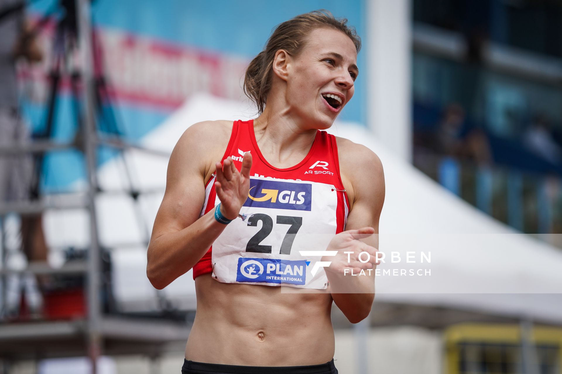 Melanie Boehm (LG Neckar-Enz) im 400m Huerden Finale am 27.06.2021 waehrend den deutschen U23 Leichtathletik-Meisterschaften 2021 im Stadion Oberwerth in Koblenz