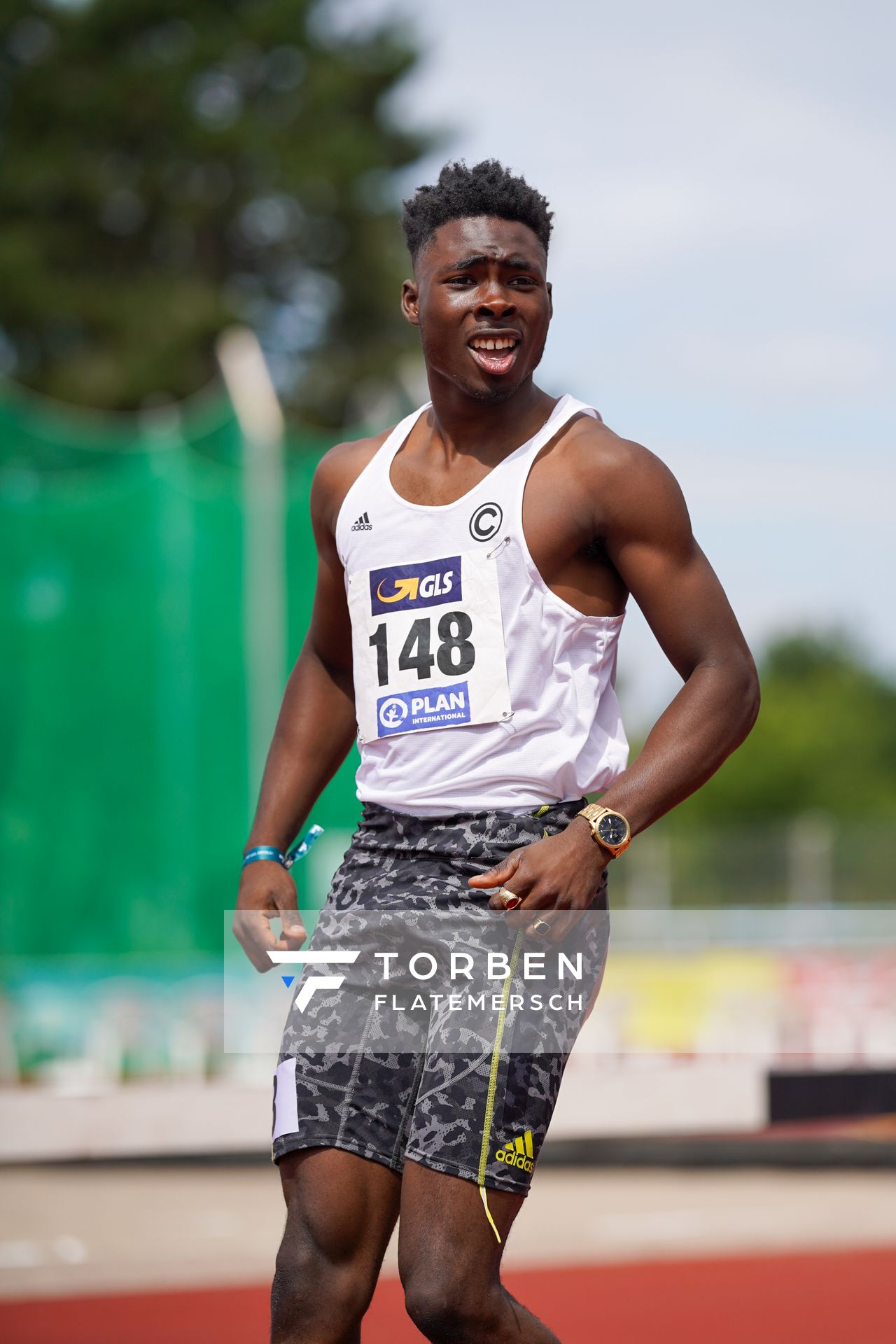 James Adebola (SCC Berlin) am 31.07.2021 waehrend den deutschen Leichtathletik-Jugendmeisterschaften 2021 in Rostock (Tag 2)