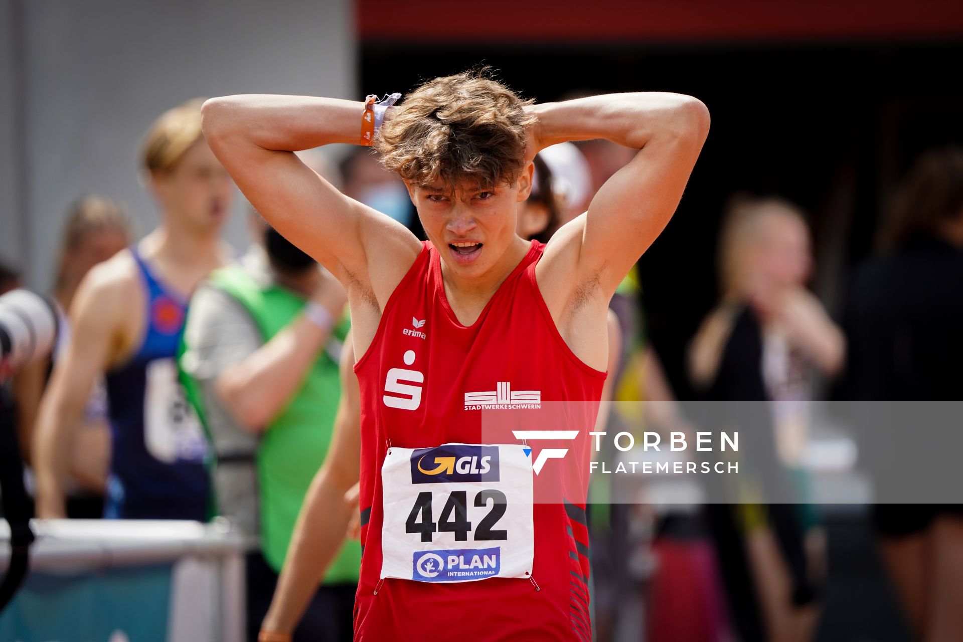 Owe Fischer-Breiholz (Schweriner SC) am 01.08.2021 waehrend den deutschen Leichtathletik-Jugendmeisterschaften 2021 in Rostock (Tag 3)