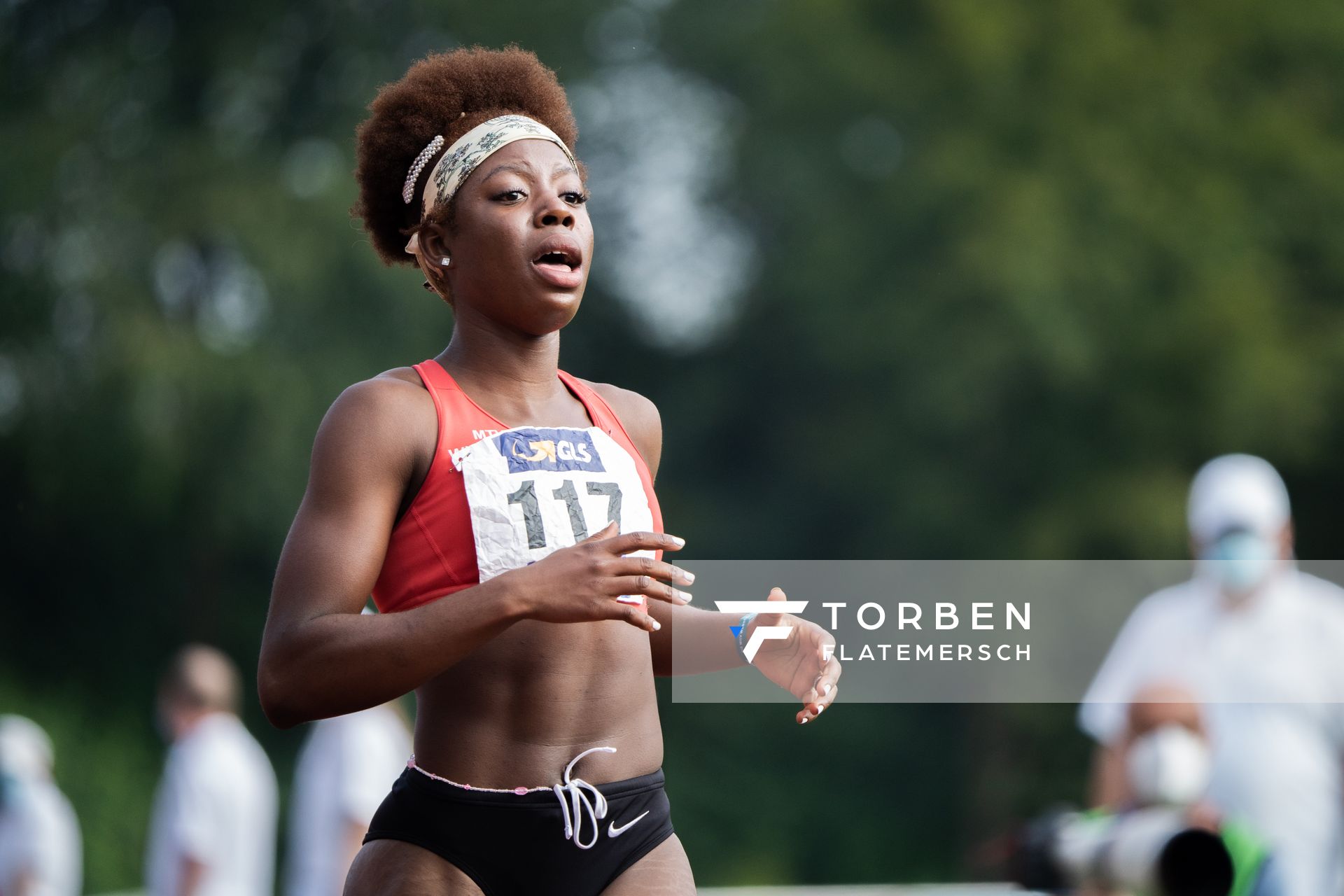 Fortuna Ornella Nkengue (MTV Wittmund) ueber 100m Huerden am 21.08.2021 bei den Deutschen Meisterschaften Mehrkampf im Auestadion in Wesel (Tag 2)