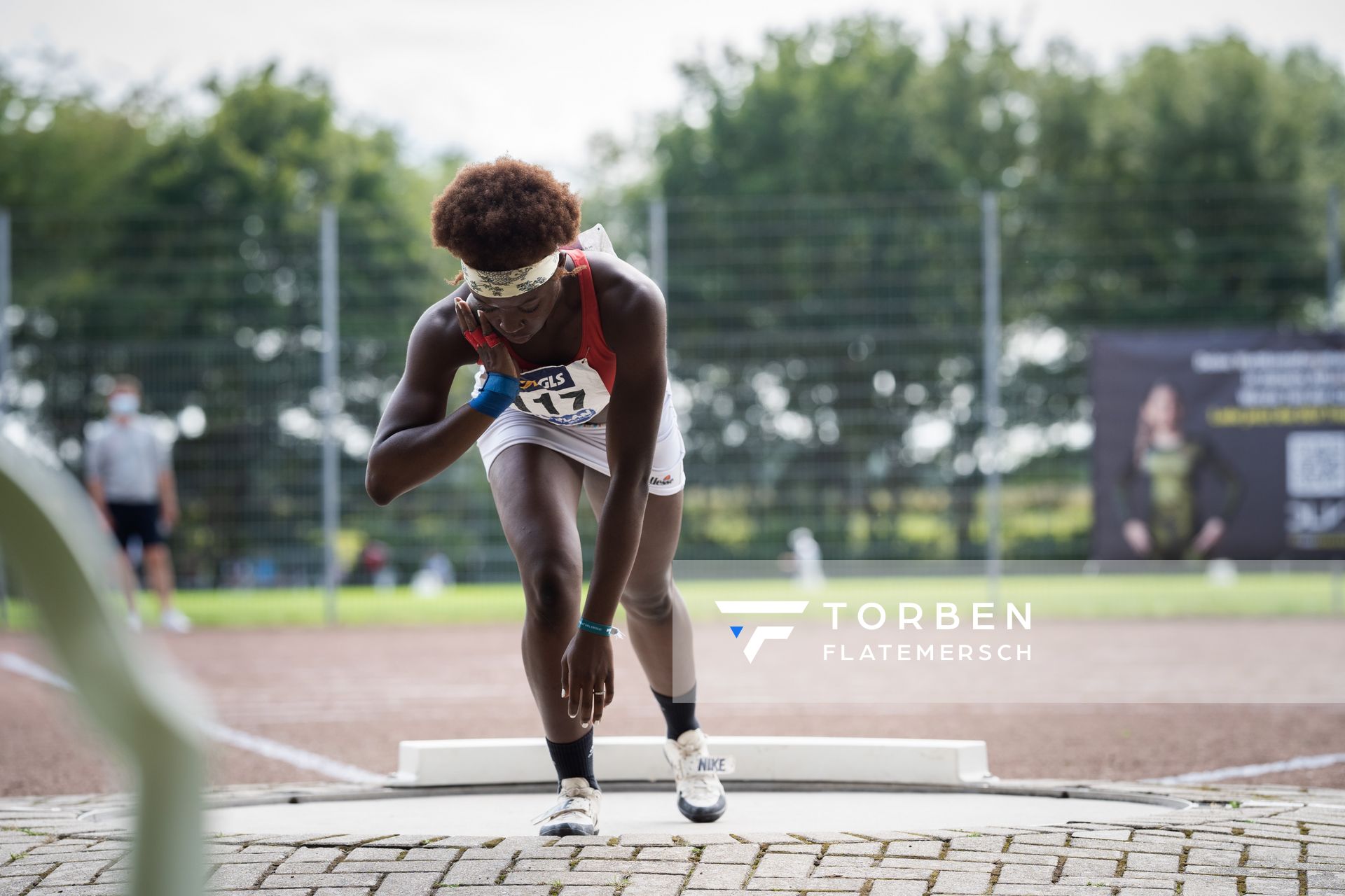 Fortuna Ornella Nkengue (MTV Wittmund) beim Kugelstossen am 21.08.2021 bei den Deutschen Meisterschaften Mehrkampf im Auestadion in Wesel (Tag 2)