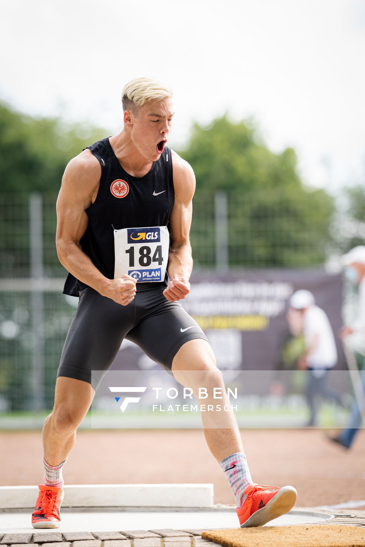 Freude beim Kugelstossen: Jannis Wolff (Eintracht Frankfurt e.V.) am 21.08.2021 bei den Deutschen Meisterschaften Mehrkampf im Auestadion in Wesel (Tag 2)