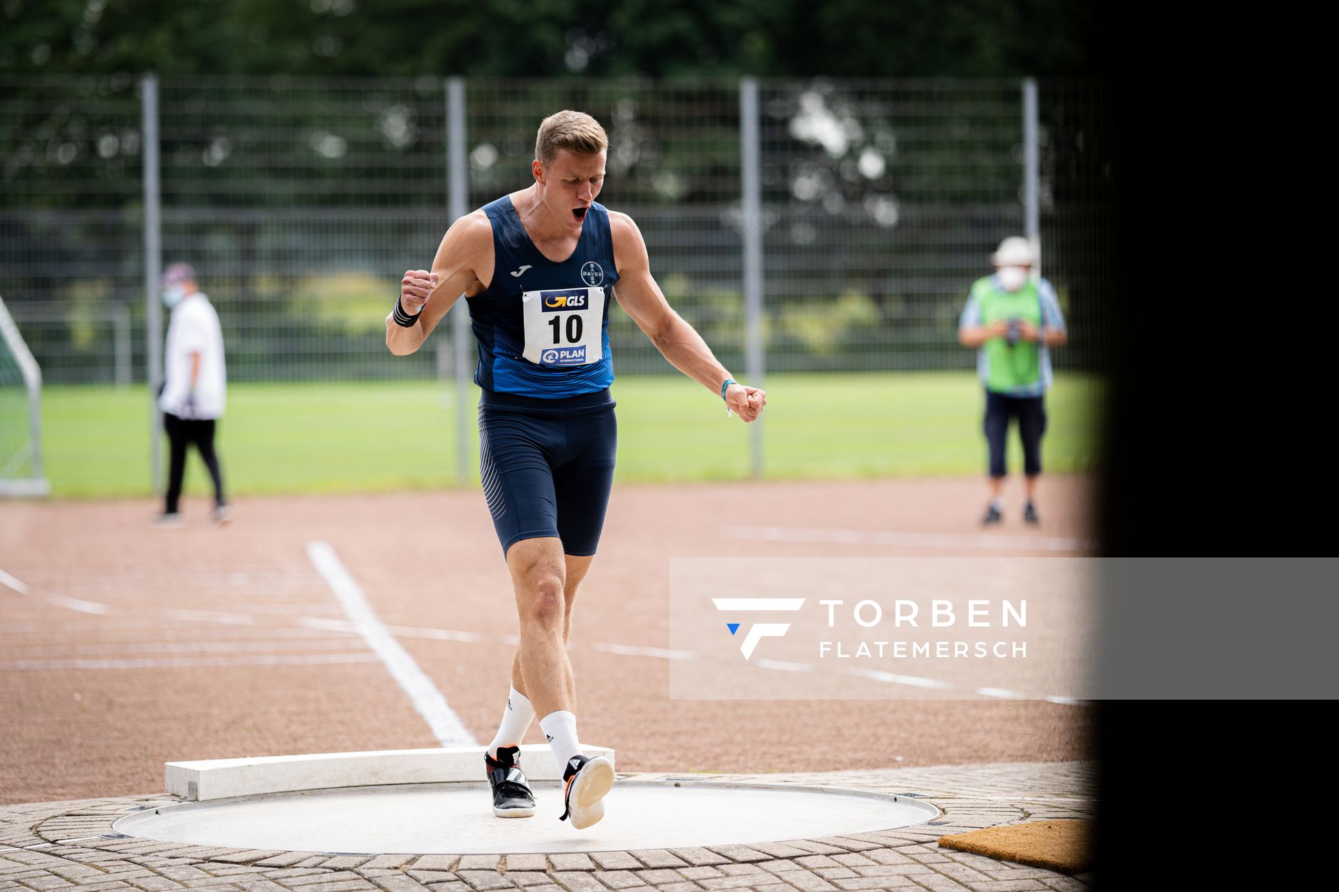 Nico Beckers (LAV Bayer Uerdingen/Dormagen) freut sich beim Kugelstossen am 21.08.2021 bei den Deutschen Meisterschaften Mehrkampf im Auestadion in Wesel (Tag 2)