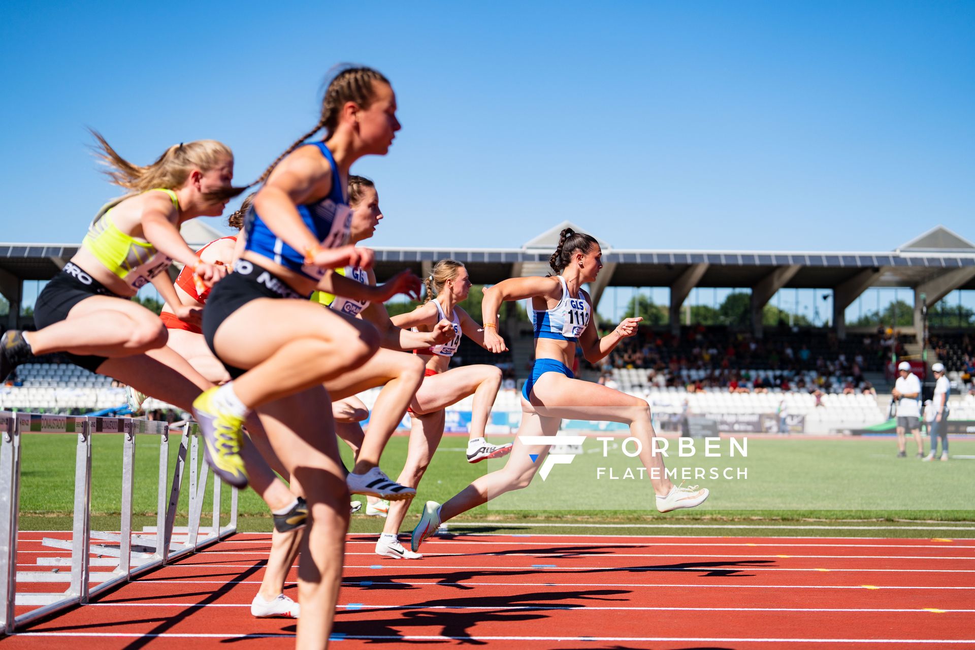 Pia Messing (TV Gladbeck 1912) ueber 100m Huerden am 16.07.2022 waehrend den deutschen Leichtathletik-Jugendmeisterschaften 2022 in Ulm