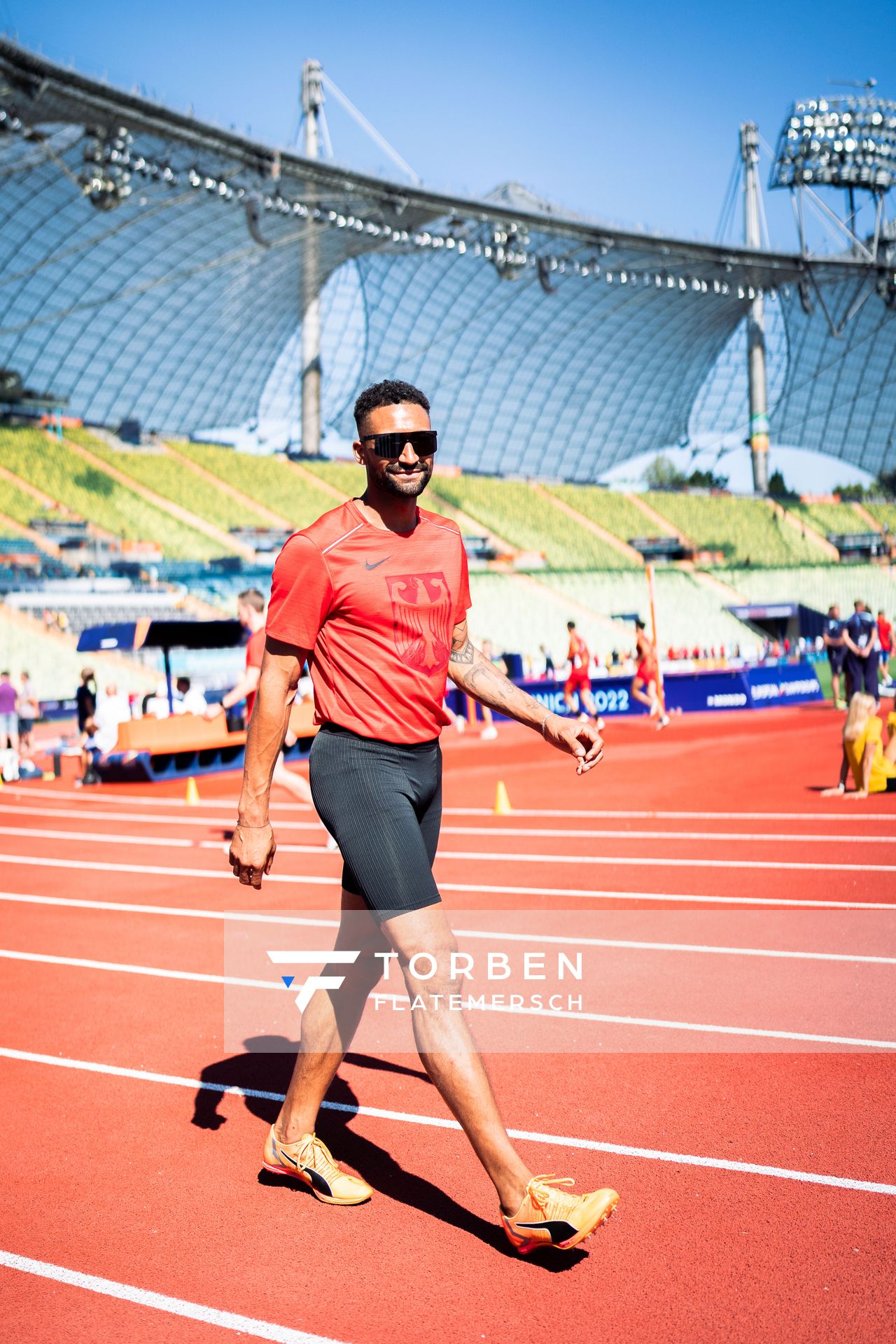 Training mit Patrick Schneider (GER) am 14.08.2022 bei den Leichtathletik-Europameisterschaften im Olympiapark in Muenchen