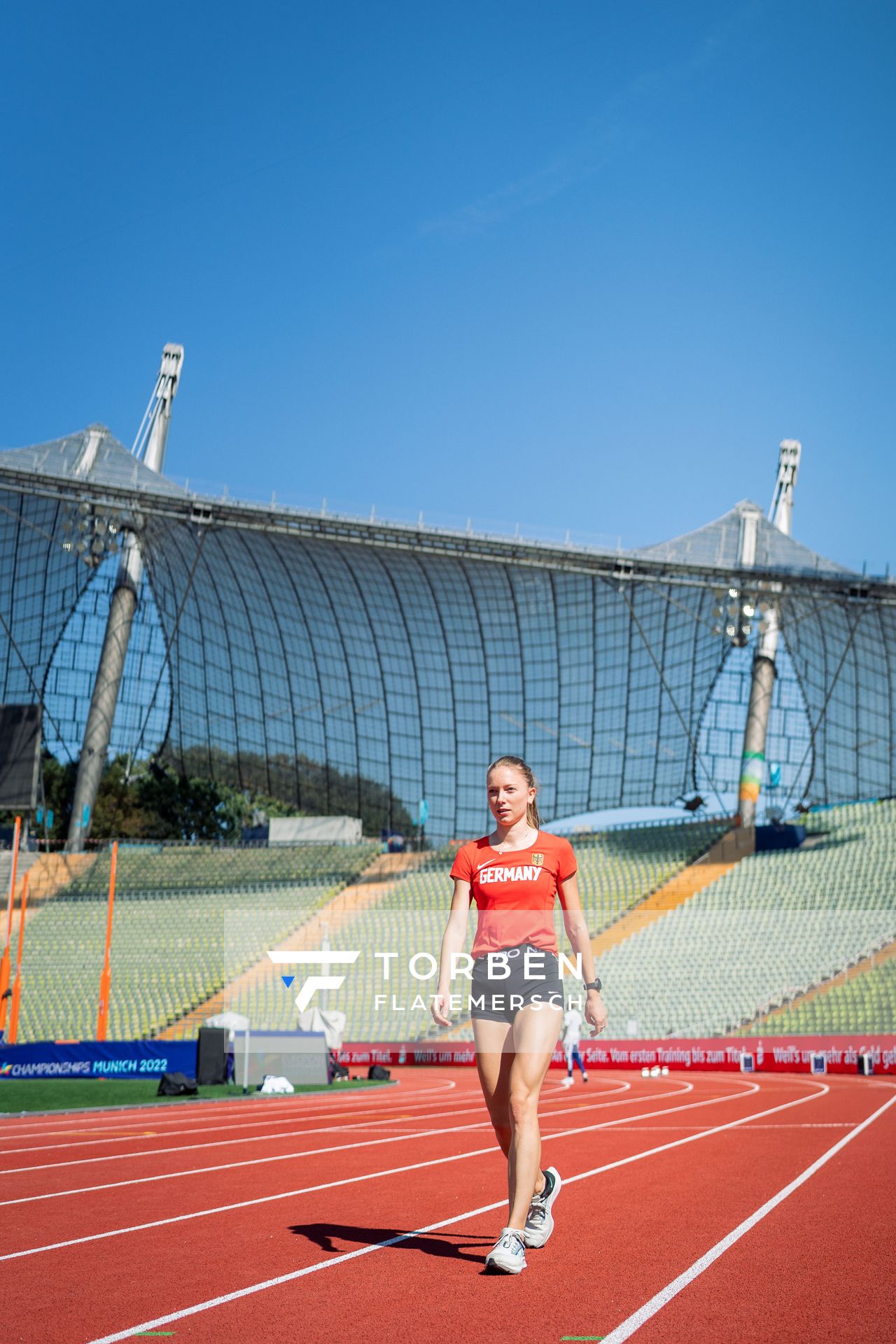 Training mit Katharina Trost (GER) am 14.08.2022 bei den Leichtathletik-Europameisterschaften im Olympiapark in Muenchen