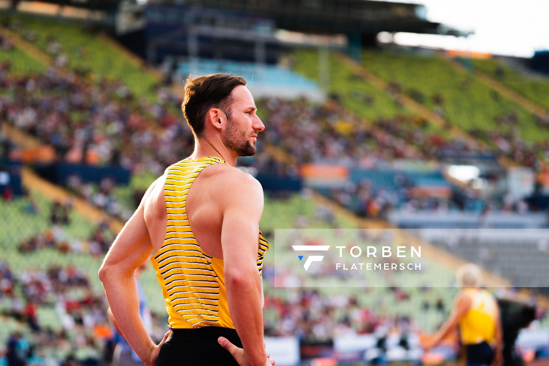 Kai Kazmirek (GER) beim Hochsprung am 15.08.2022 bei den Leichtathletik-Europameisterschaften in Muenchen