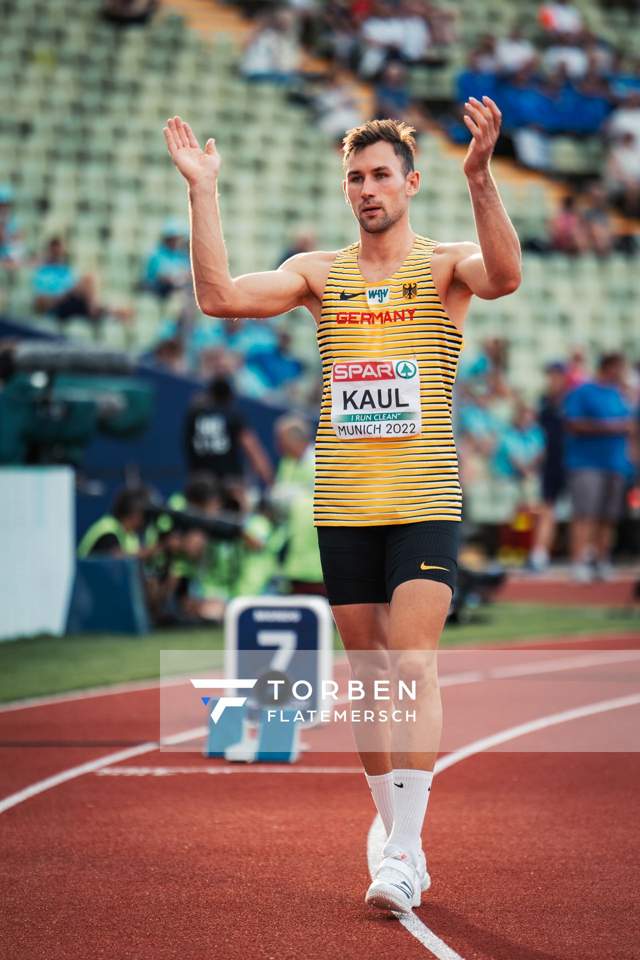 Niklas Kaul (GER) beim Hochsprung am 15.08.2022 bei den Leichtathletik-Europameisterschaften in Muenchen