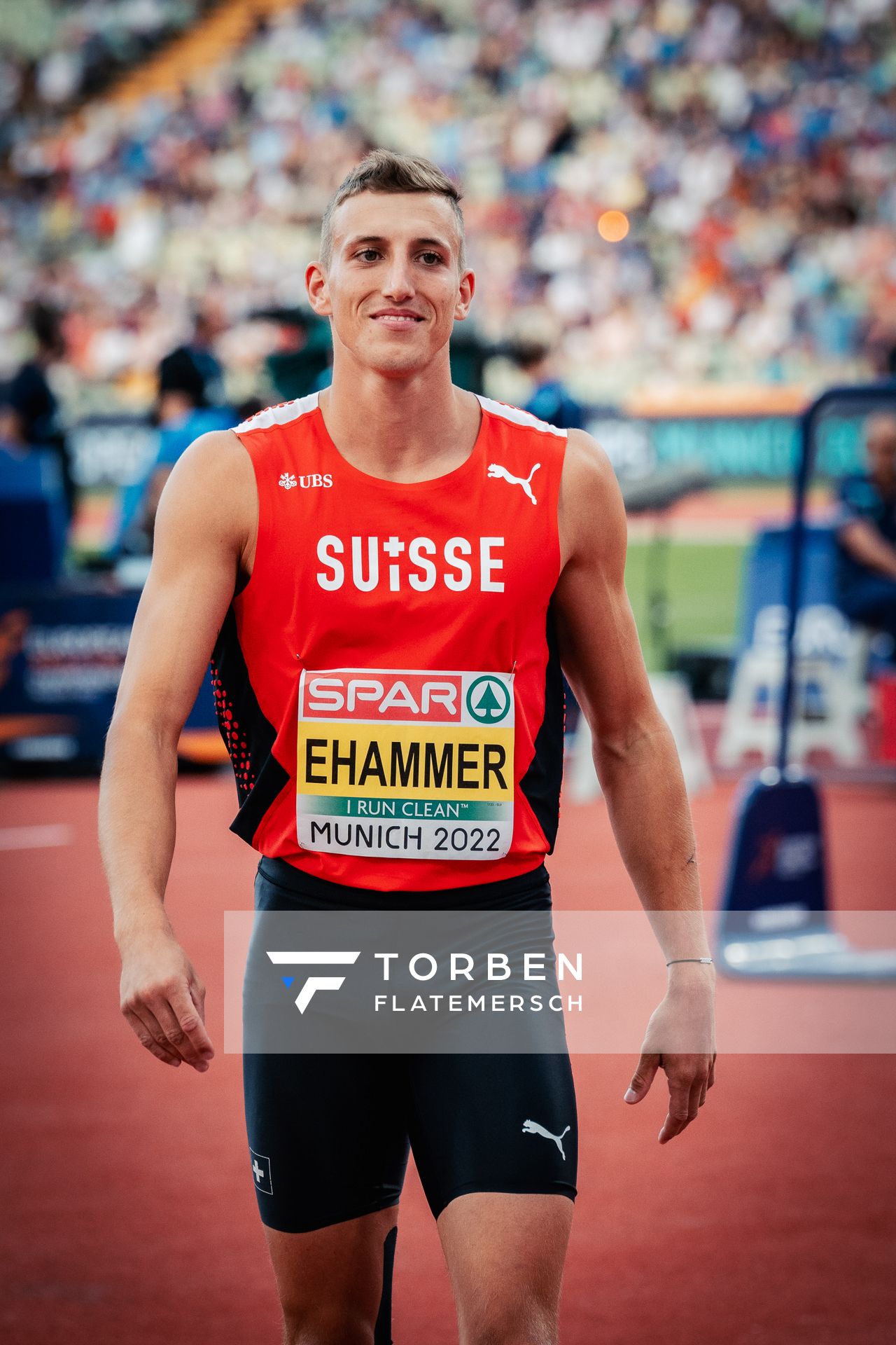 Simon Ehammer (SUI) beim Hochsprung am 15.08.2022 bei den Leichtathletik-Europameisterschaften in Muenchen