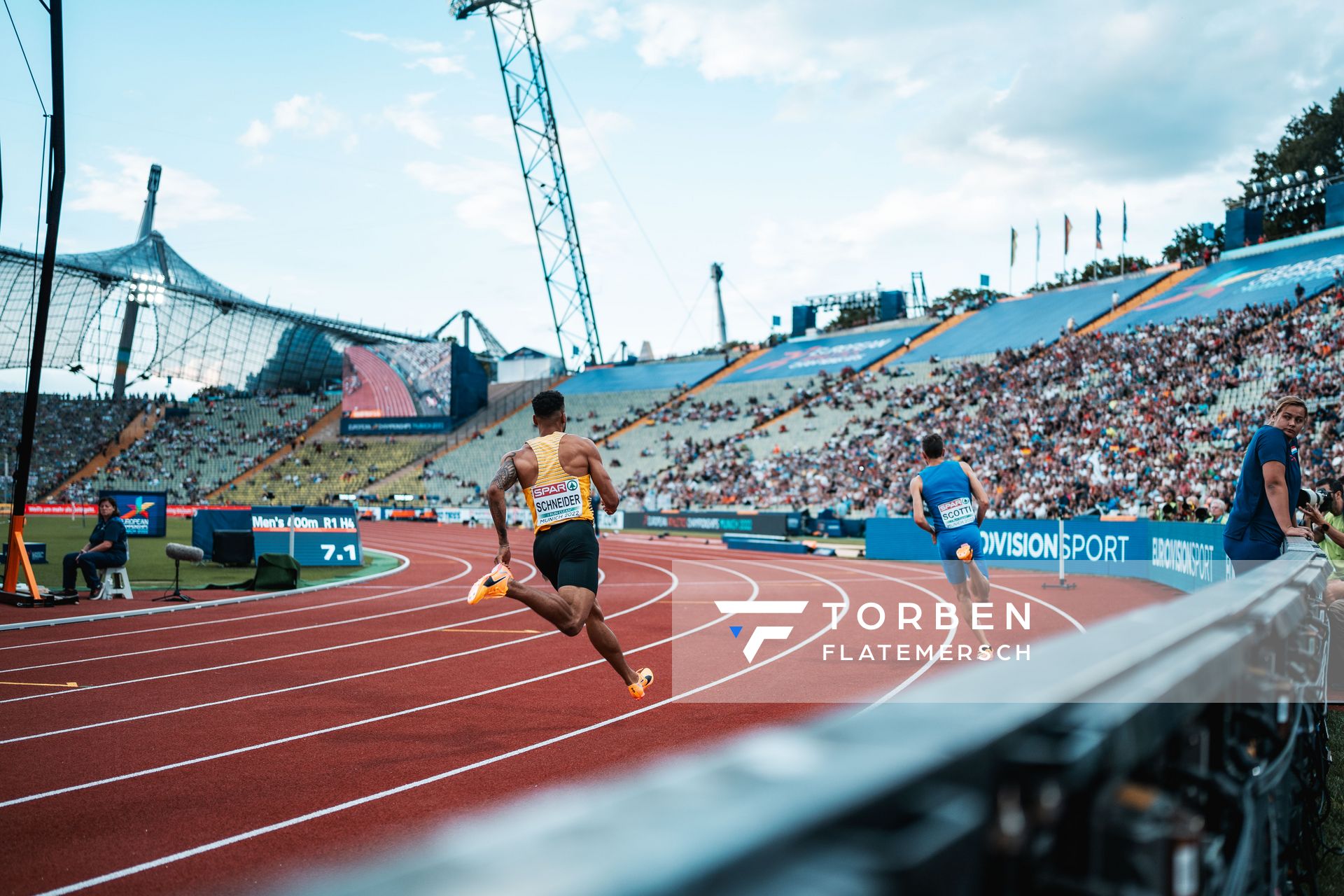 Patrick Schneider (GER) im 400m Vorlauf am 15.08.2022 bei den Leichtathletik-Europameisterschaften in Muenchen