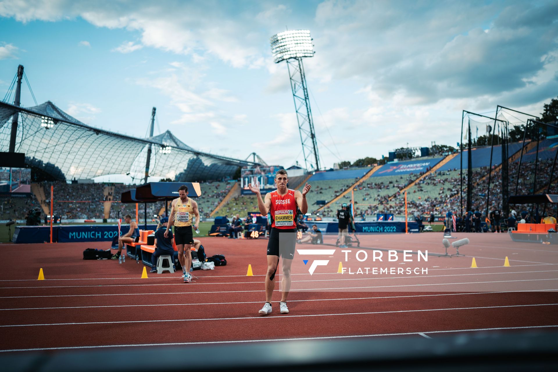 Simon Ehammer (SUI) beim Hochsprung am 15.08.2022 bei den Leichtathletik-Europameisterschaften in Muenchen