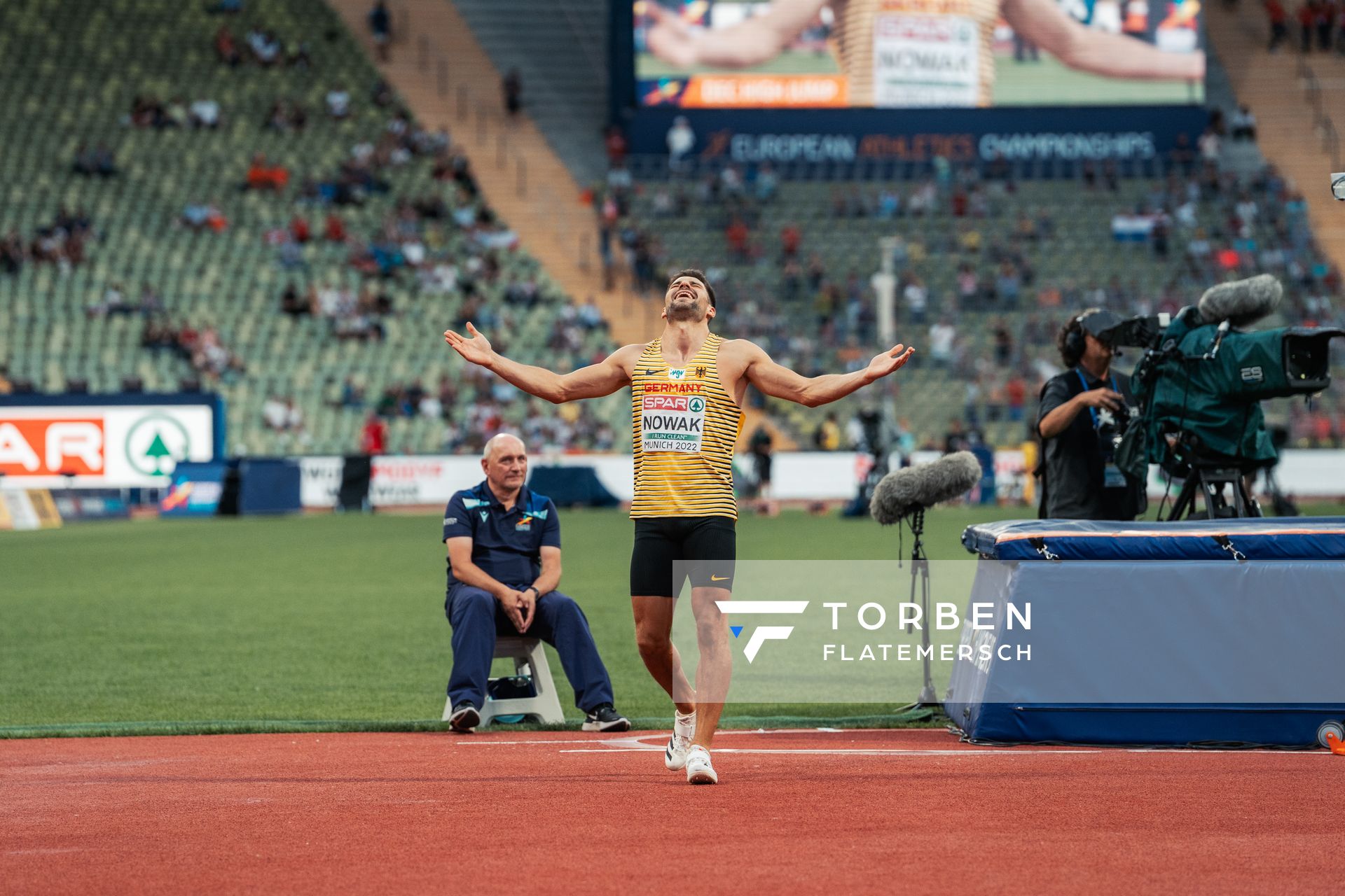 Tim Nowak (GER) im Hochsprung am 15.08.2022 bei den Leichtathletik-Europameisterschaften in Muenchen