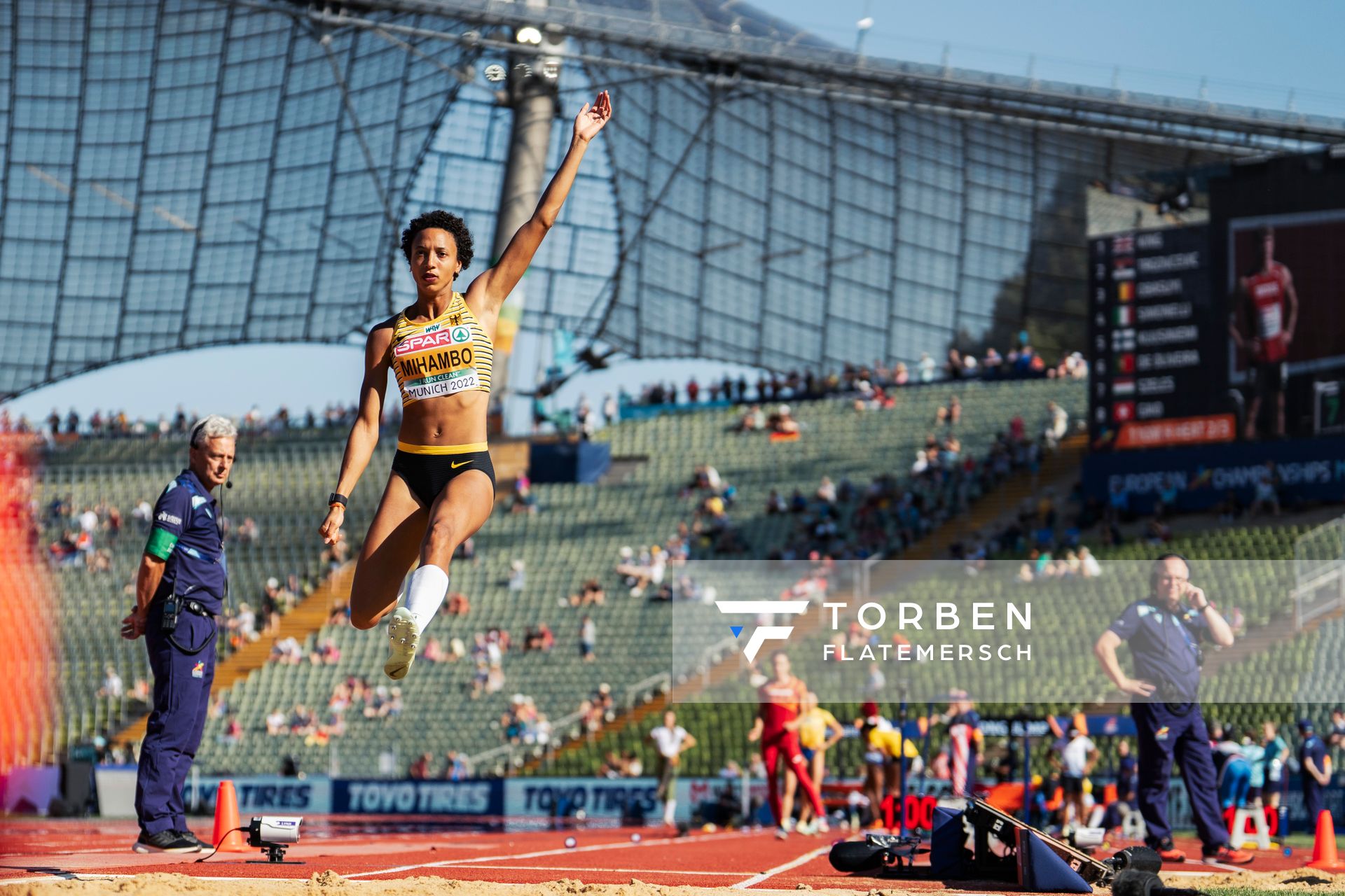 Malaika Mihambo (GER) im Weitsprung am 16.08.2022 bei den Leichtathletik-Europameisterschaften in Muenchen