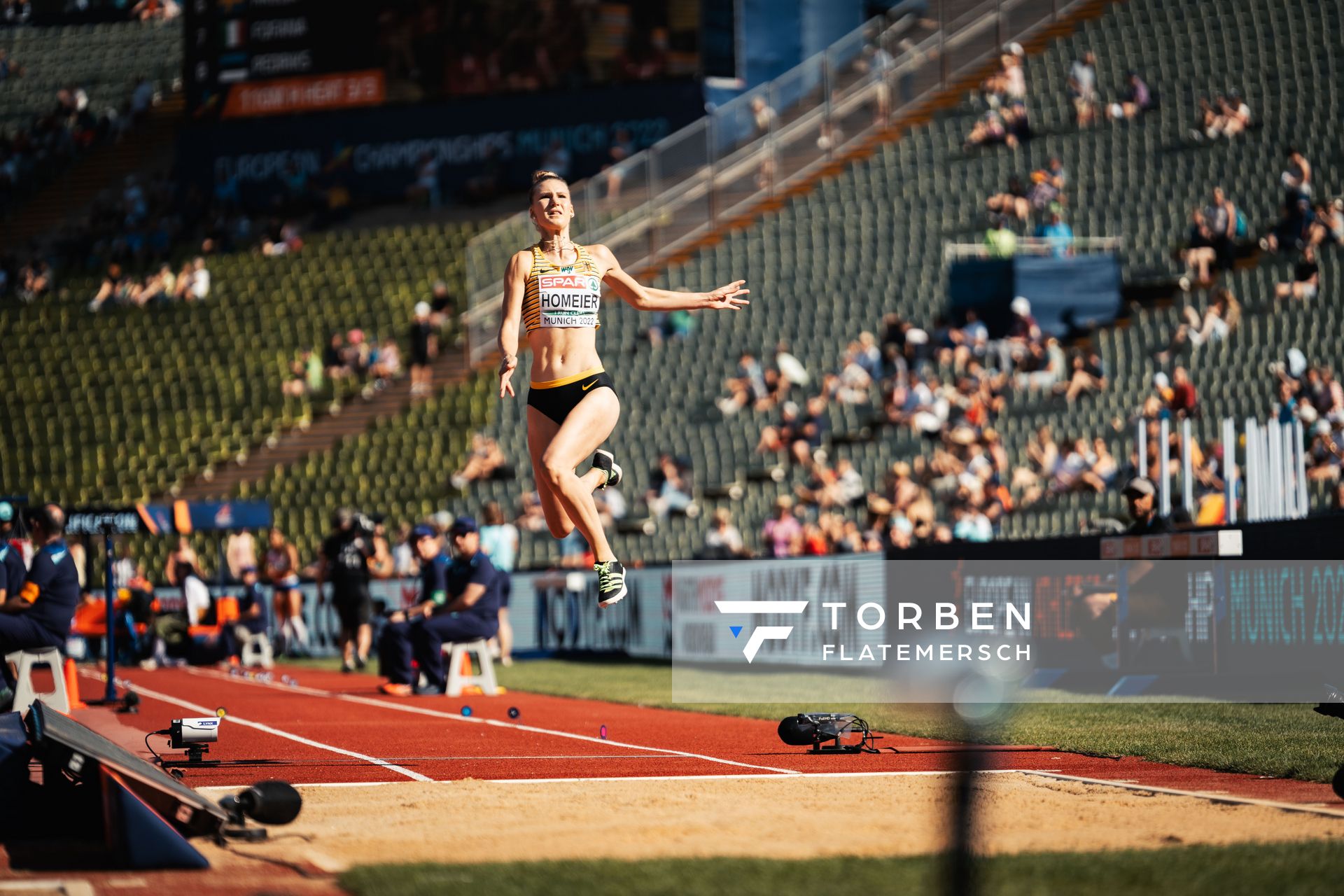 Merle Homeier (GER) im Weitsprung am 16.08.2022 bei den Leichtathletik-Europameisterschaften in Muenchen