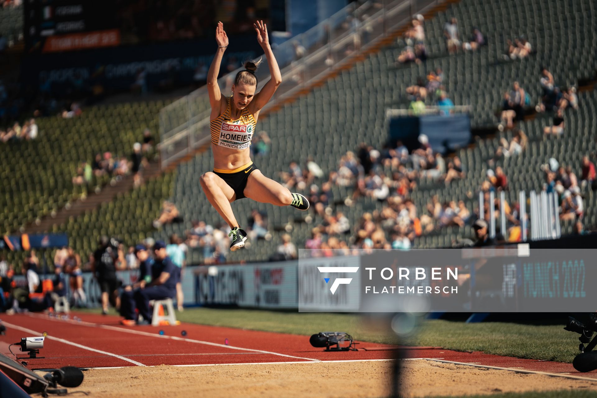 Merle Homeier (GER) im Weitsprung am 16.08.2022 bei den Leichtathletik-Europameisterschaften in Muenchen
