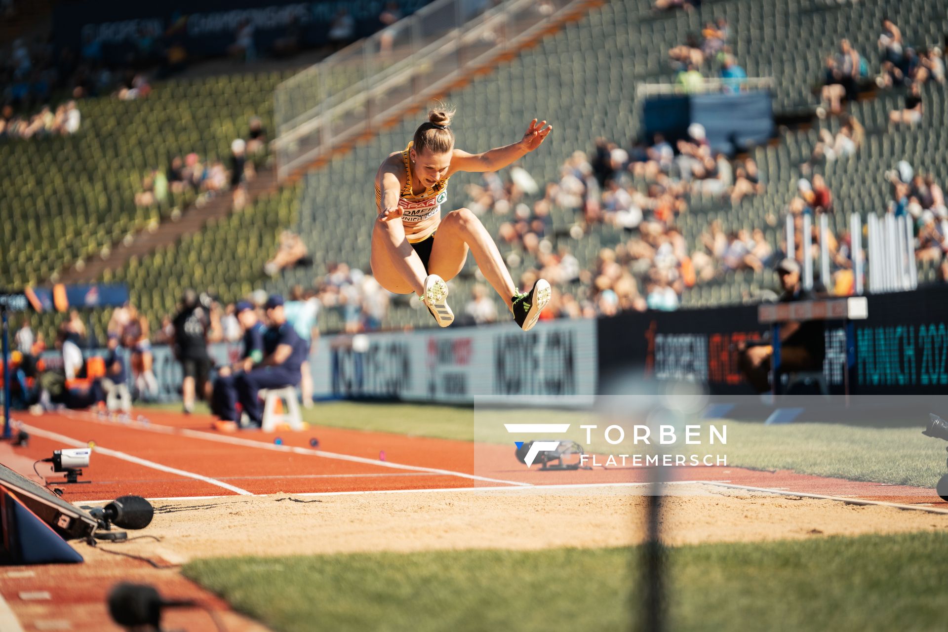 Merle Homeier (GER) im Weitsprung am 16.08.2022 bei den Leichtathletik-Europameisterschaften in Muenchen