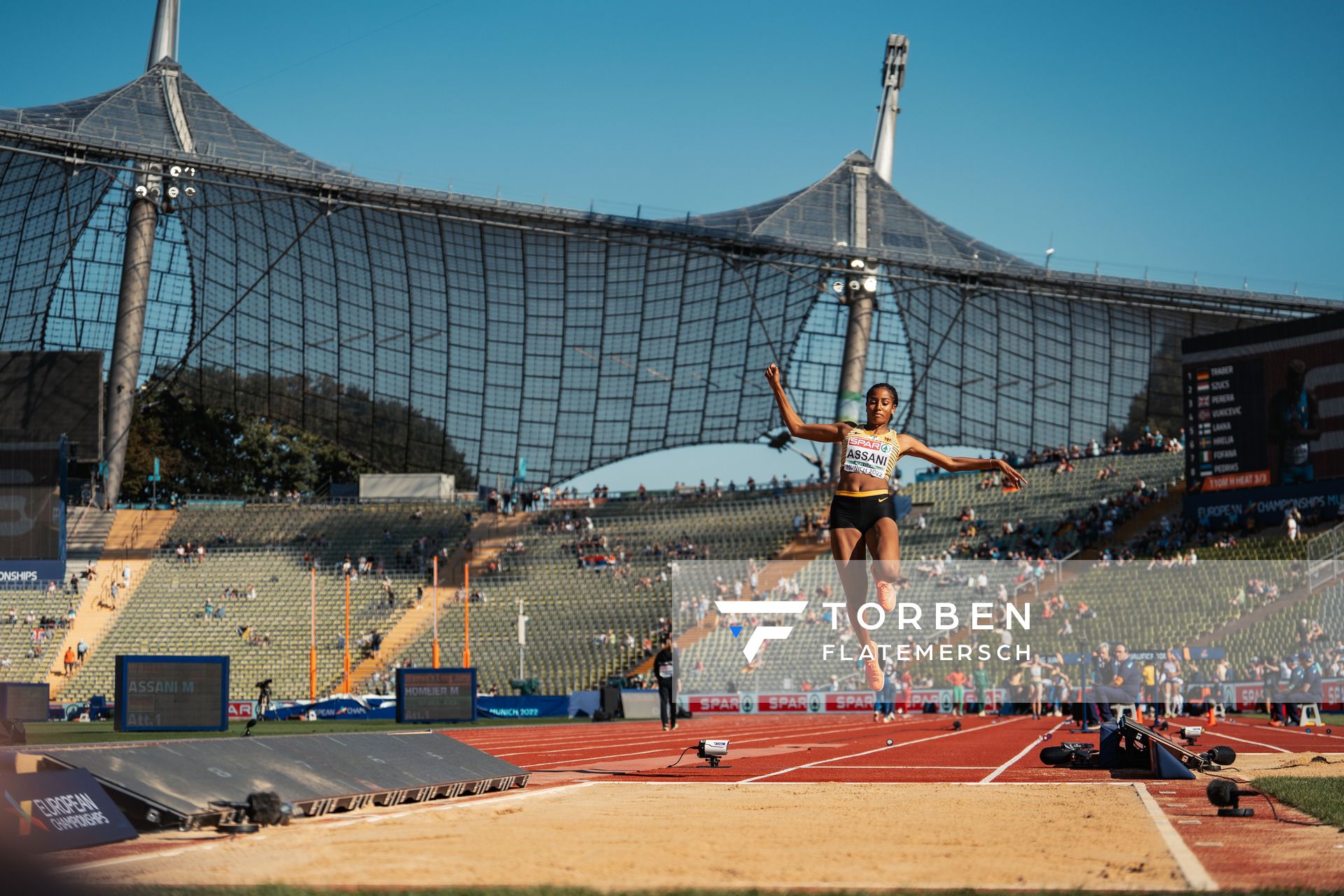 Mikaelle Assani (GER) im Weitsprung am 16.08.2022 bei den Leichtathletik-Europameisterschaften in Muenchen