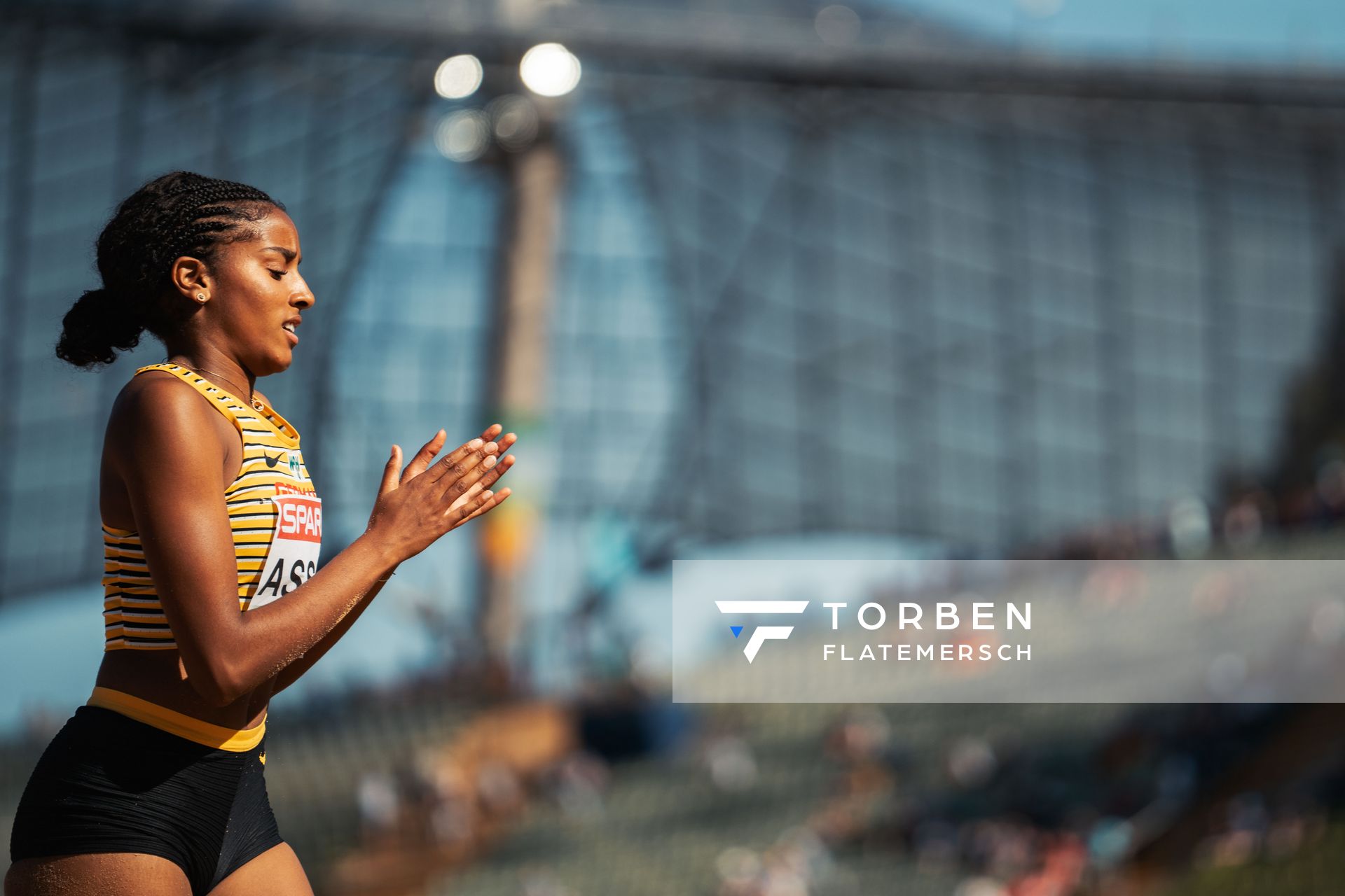 Mikaelle Assani (GER) im Weitsprung am 16.08.2022 bei den Leichtathletik-Europameisterschaften in Muenchen