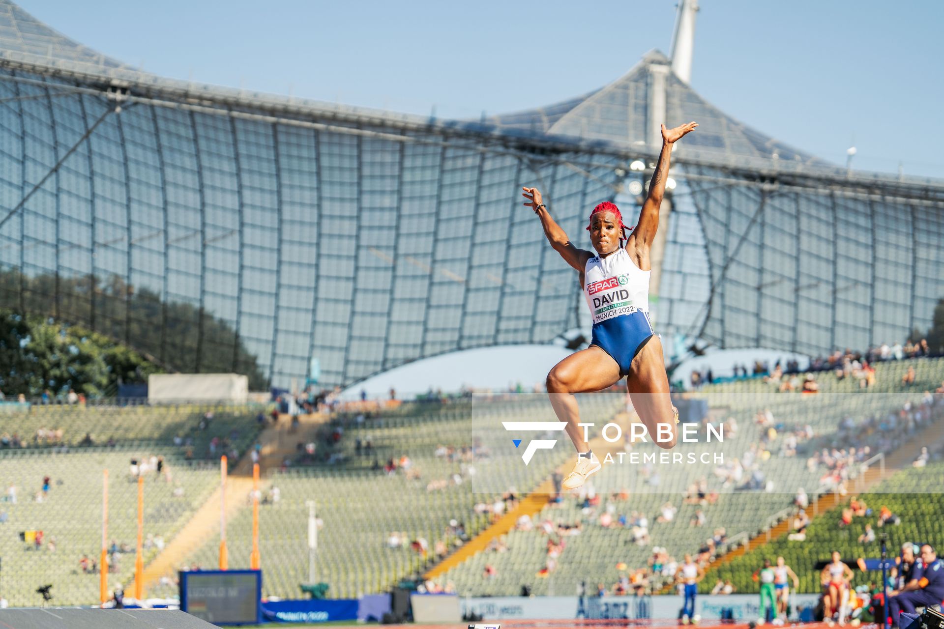 Yanis David (FRA) im Weitsprung am 16.08.2022 bei den Leichtathletik-Europameisterschaften in Muenchen
