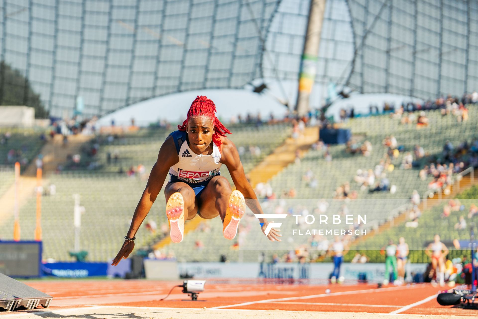Yanis David (FRA) im Weitsprung am 16.08.2022 bei den Leichtathletik-Europameisterschaften in Muenchen