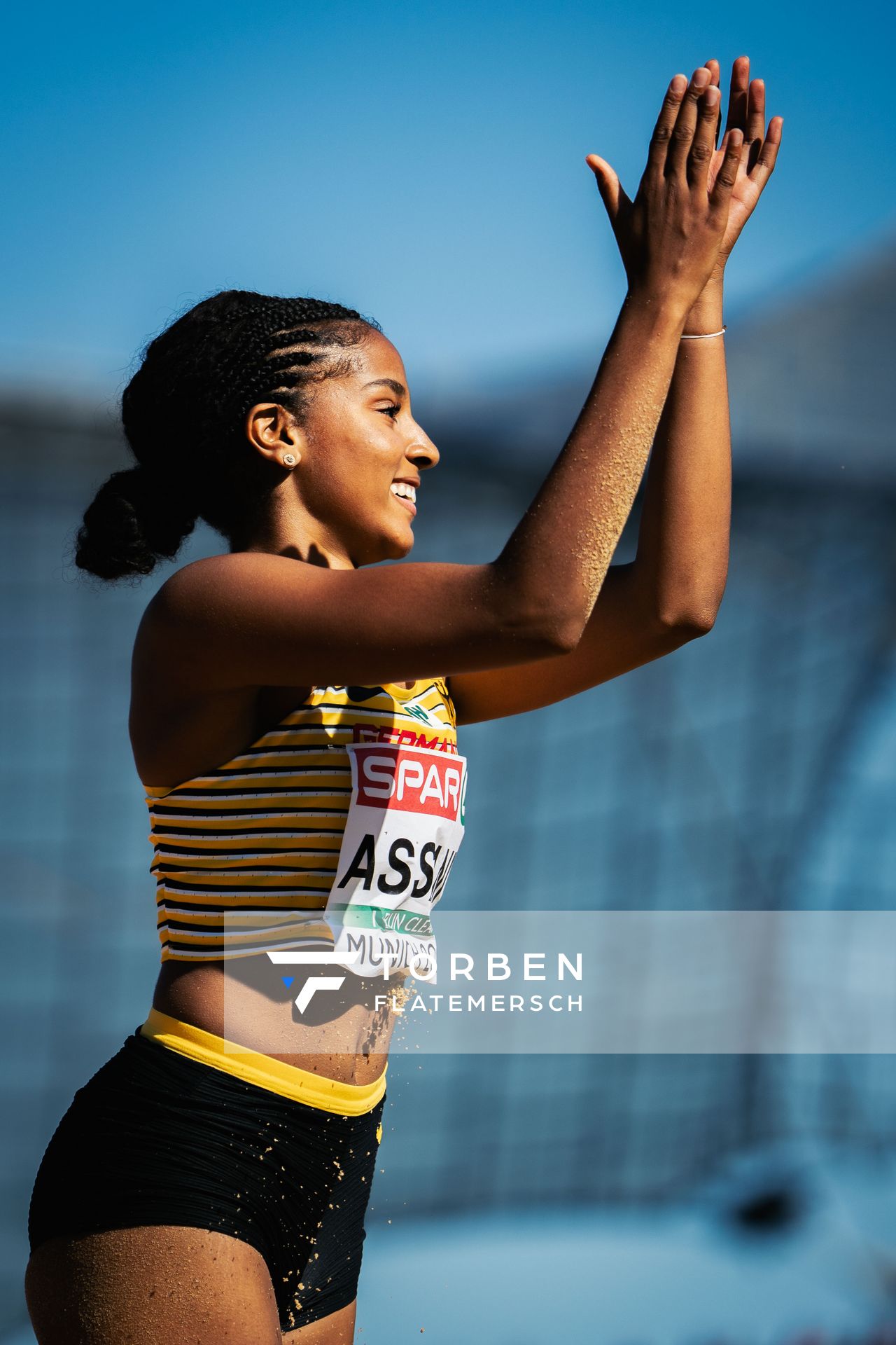 Mikaelle Assani (GER) im Weitsprung am 16.08.2022 bei den Leichtathletik-Europameisterschaften in Muenchen