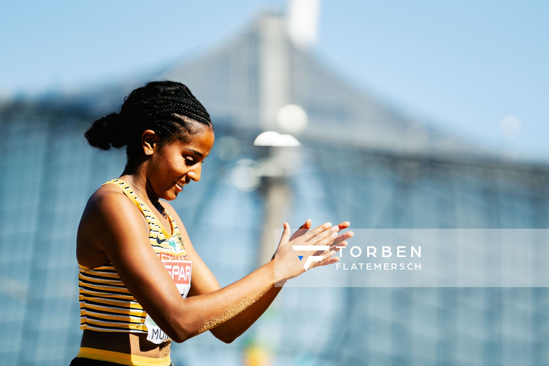 Mikaelle Assani (GER) im Weitsprung am 16.08.2022 bei den Leichtathletik-Europameisterschaften in Muenchen