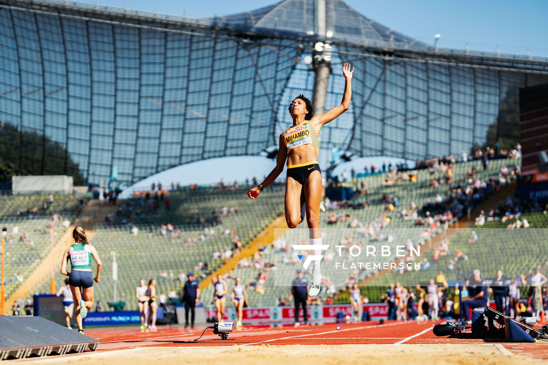Malaika Mihambo (GER) im Weitsprung am 16.08.2022 bei den Leichtathletik-Europameisterschaften in Muenchen