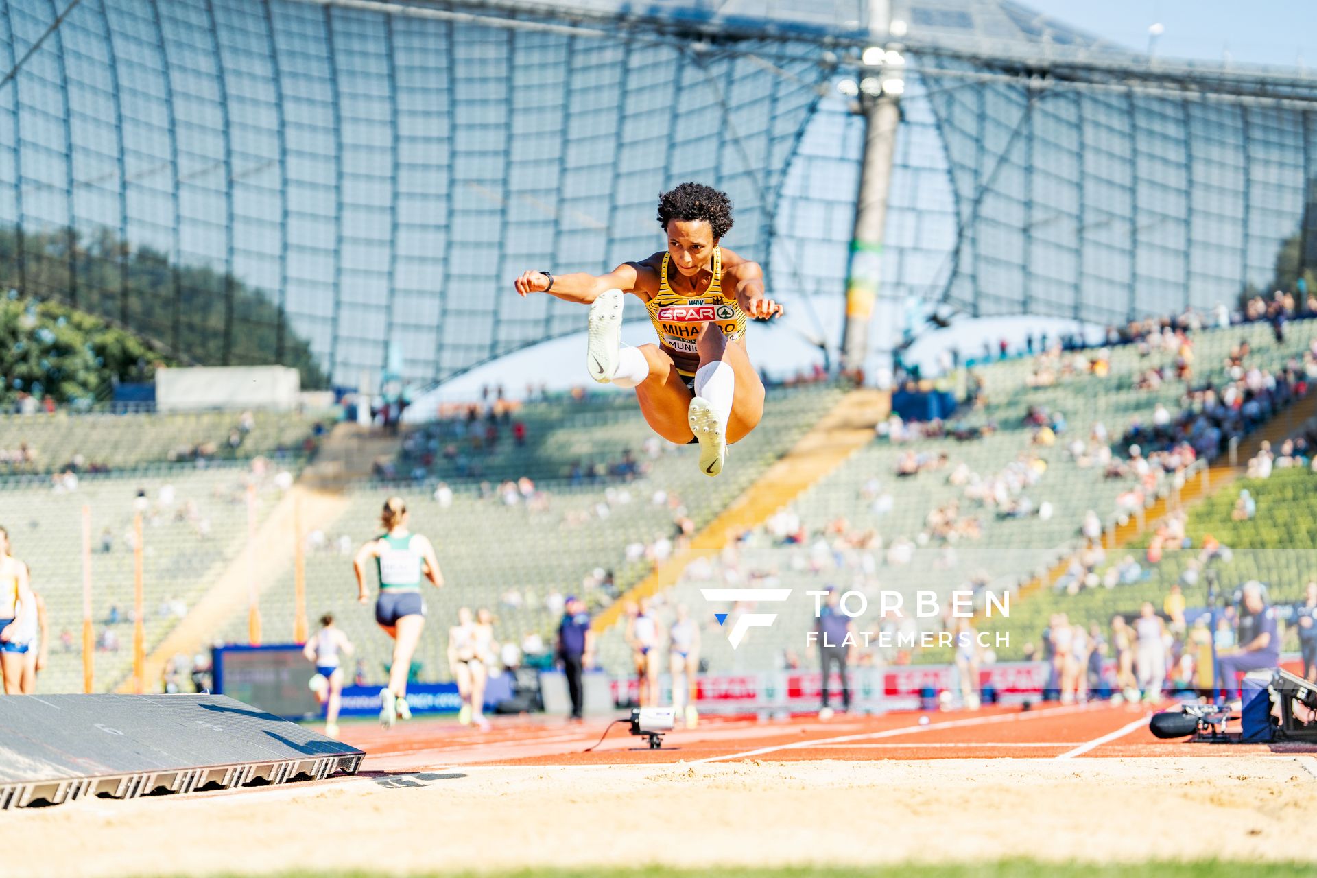 Malaika Mihambo (GER) im Weitsprung am 16.08.2022 bei den Leichtathletik-Europameisterschaften in Muenchen