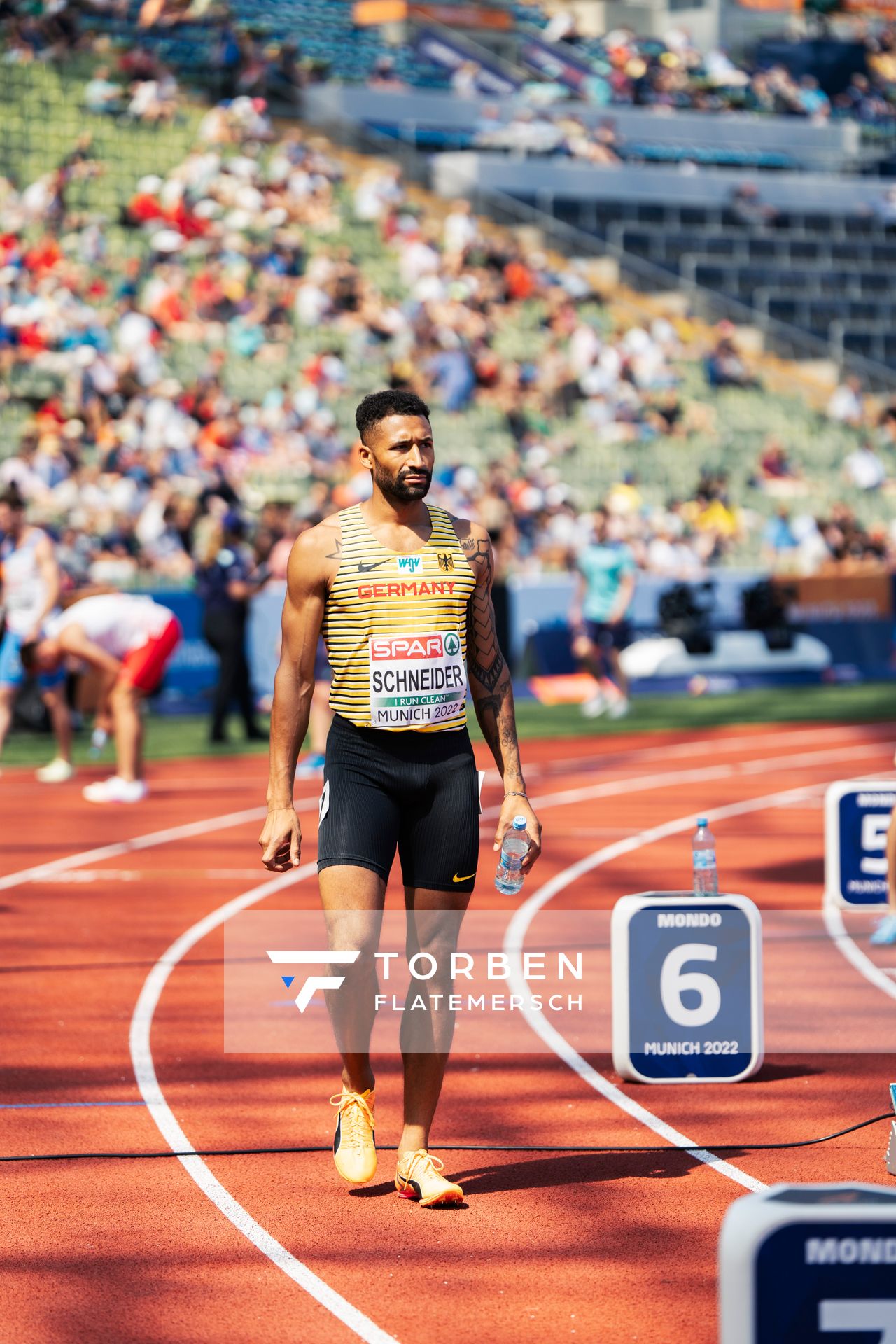 Patrick Schneider (GER) im 400m Halbfinale am 16.08.2022 bei den Leichtathletik-Europameisterschaften in Muenchen