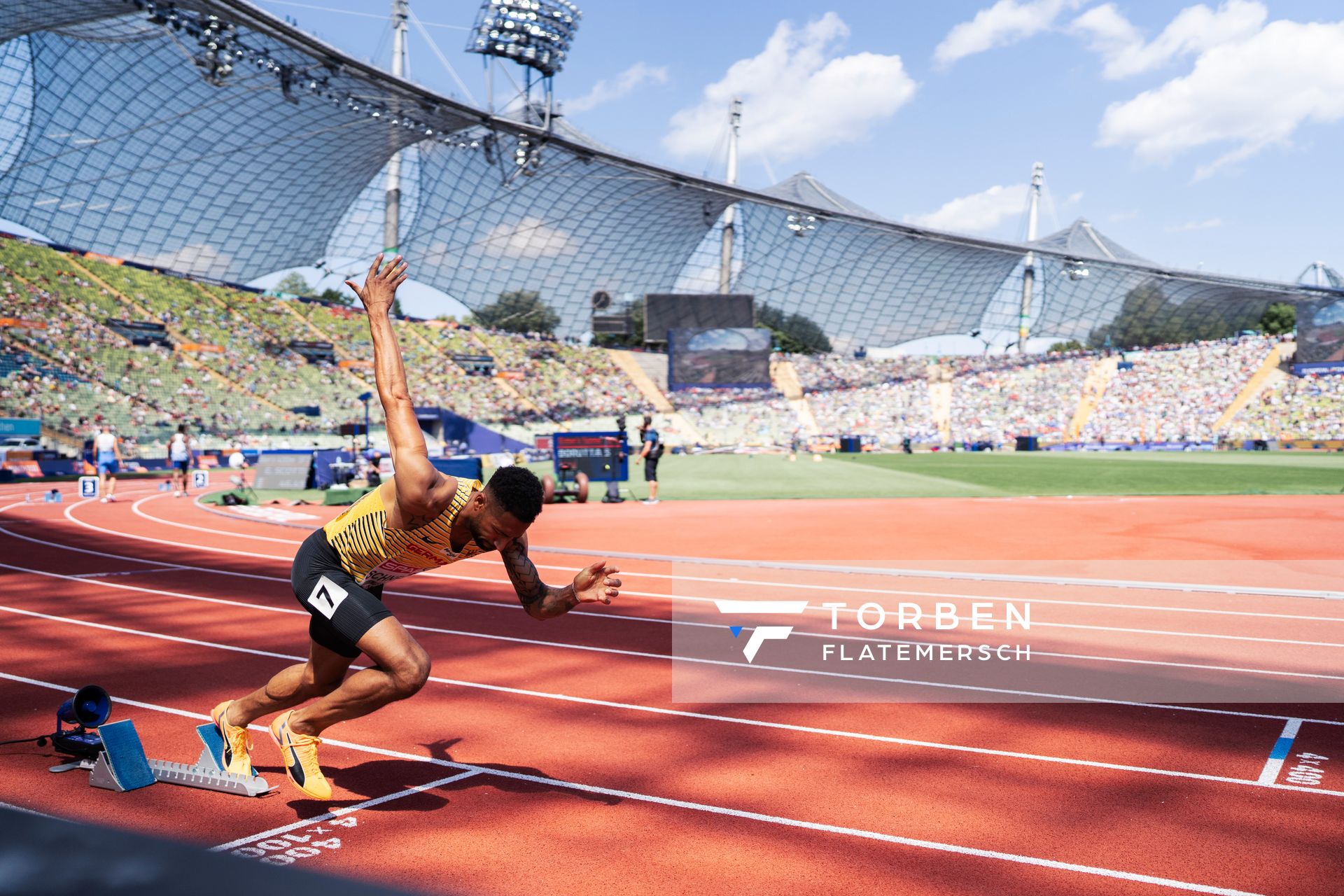 Patrick Schneider (GER) im 400m Halbfinale am 16.08.2022 bei den Leichtathletik-Europameisterschaften in Muenchen