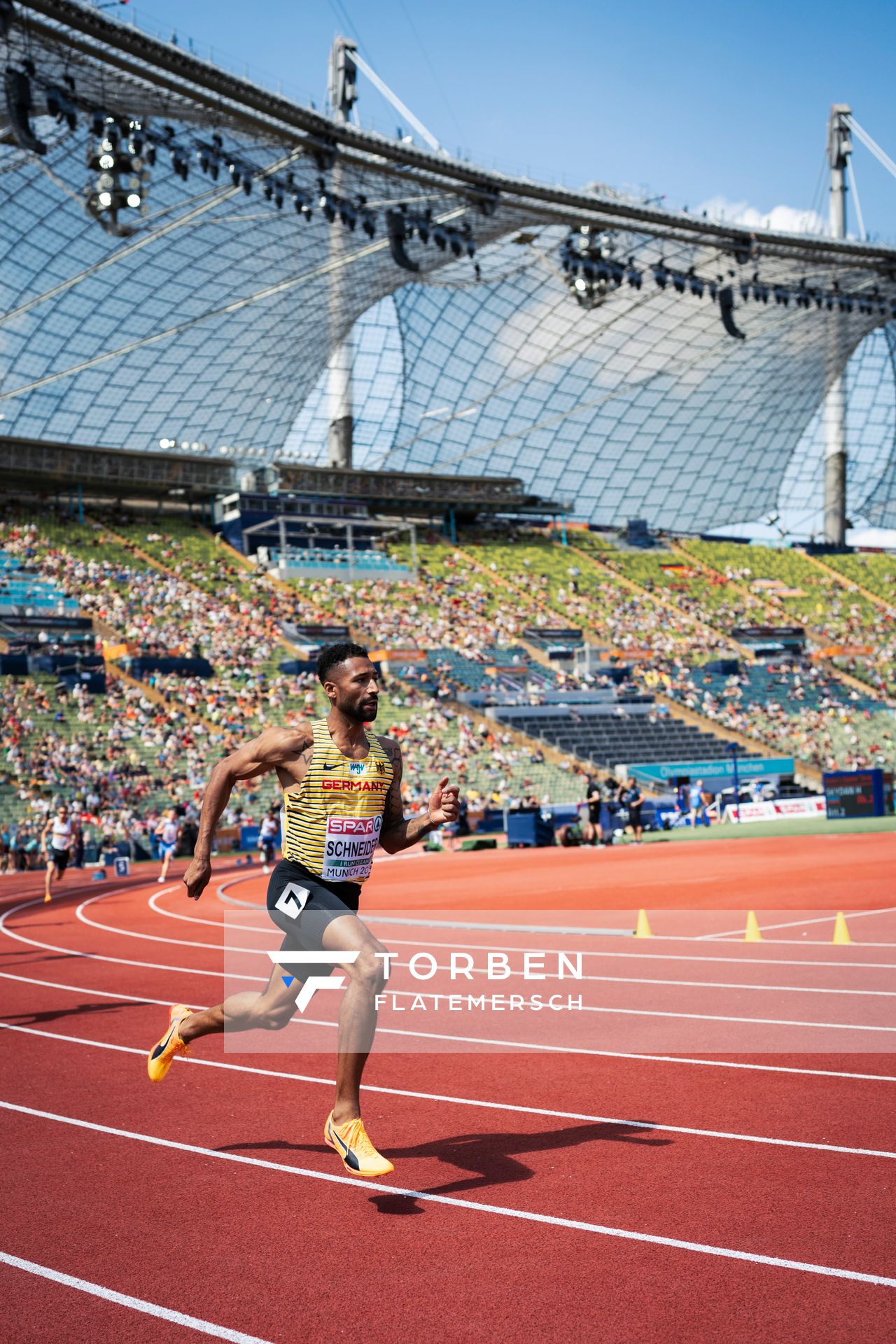 Patrick Schneider (GER) im 400m Halbfinale am 16.08.2022 bei den Leichtathletik-Europameisterschaften in Muenchen