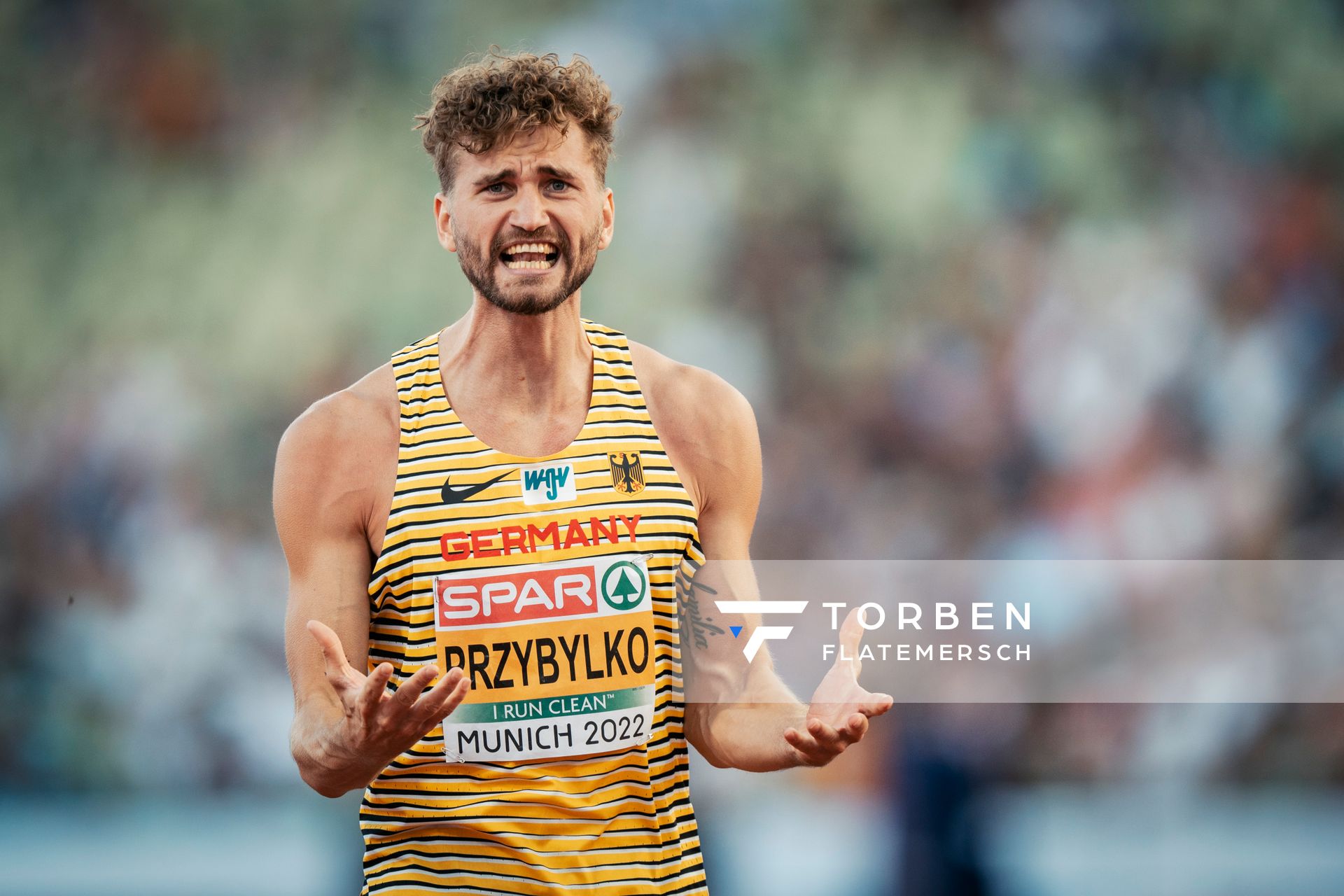 Mateusz Przybylko (GER) im Hochsprung am 16.08.2022 bei den Leichtathletik-Europameisterschaften in Muenchen