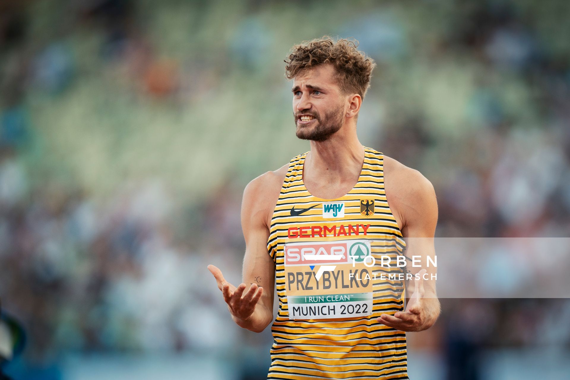 Mateusz Przybylko (GER) im Hochsprung am 16.08.2022 bei den Leichtathletik-Europameisterschaften in Muenchen
