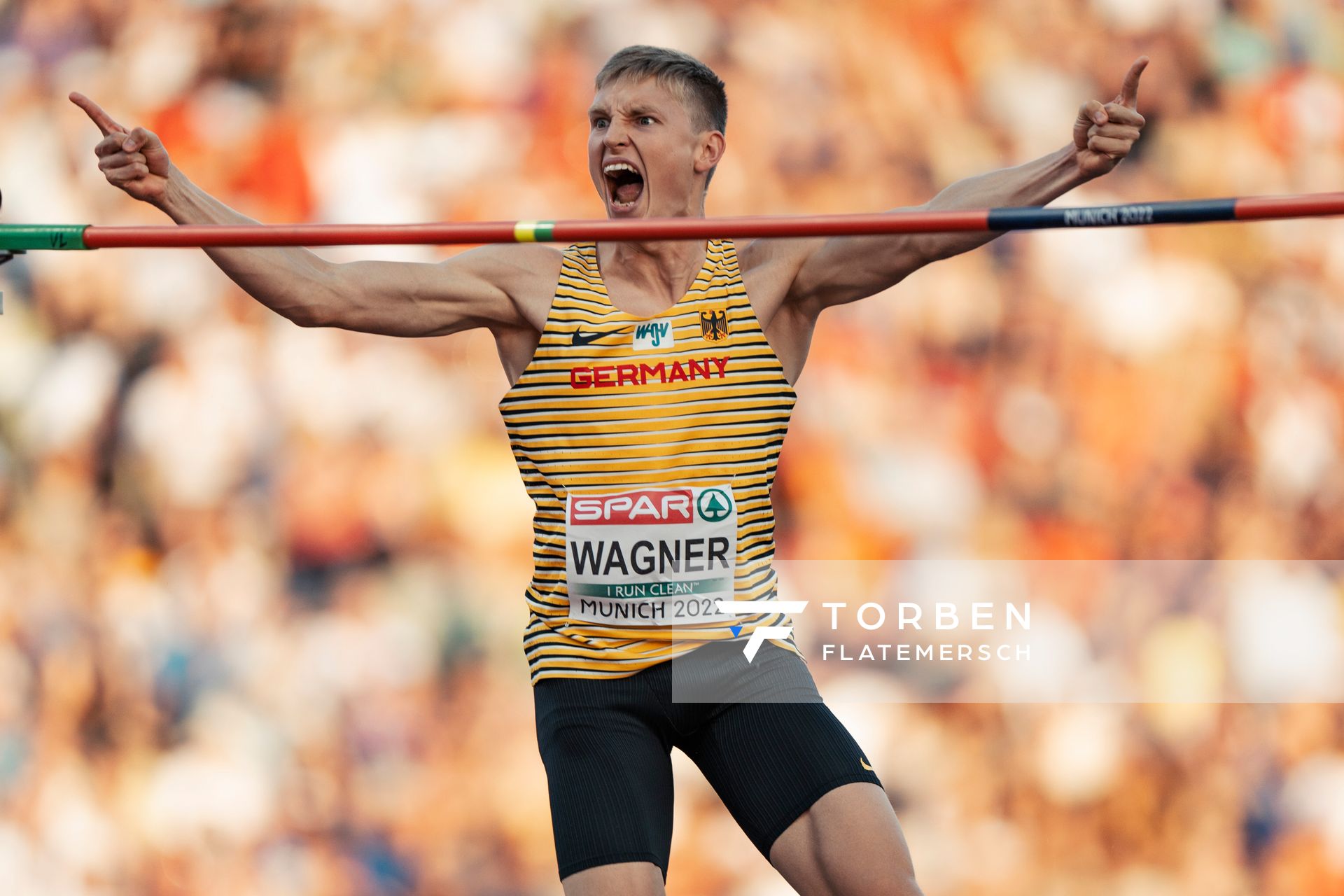 Jonas Wagner (GER) im Hochsprung am 16.08.2022 bei den Leichtathletik-Europameisterschaften in Muenchen