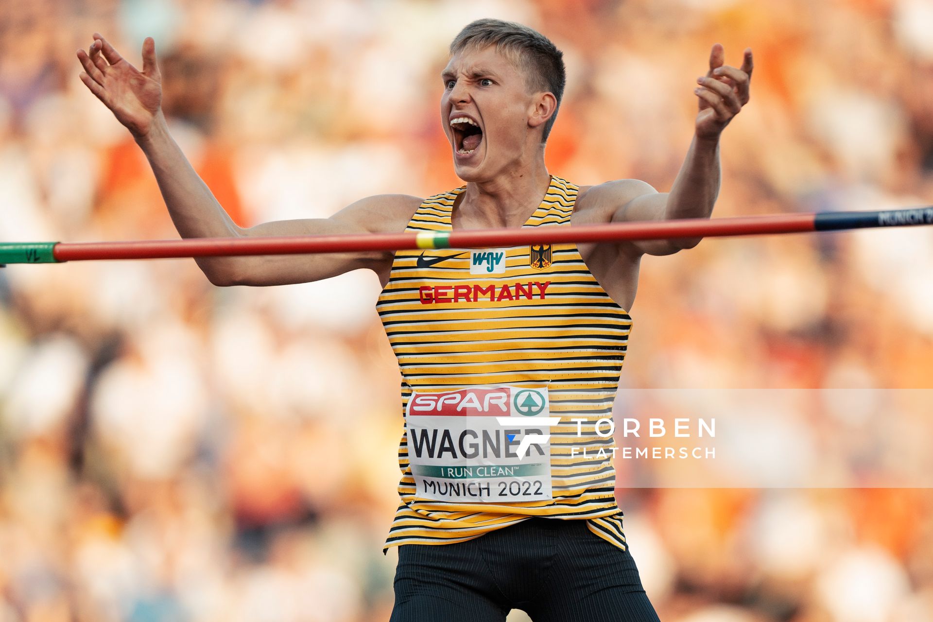 Jonas Wagner (GER) im Hochsprung am 16.08.2022 bei den Leichtathletik-Europameisterschaften in Muenchen
