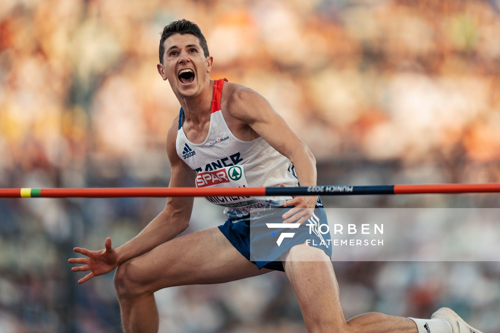 Sebastien Micheau (FRA) im Hochsprung am 16.08.2022 bei den Leichtathletik-Europameisterschaften in Muenchen