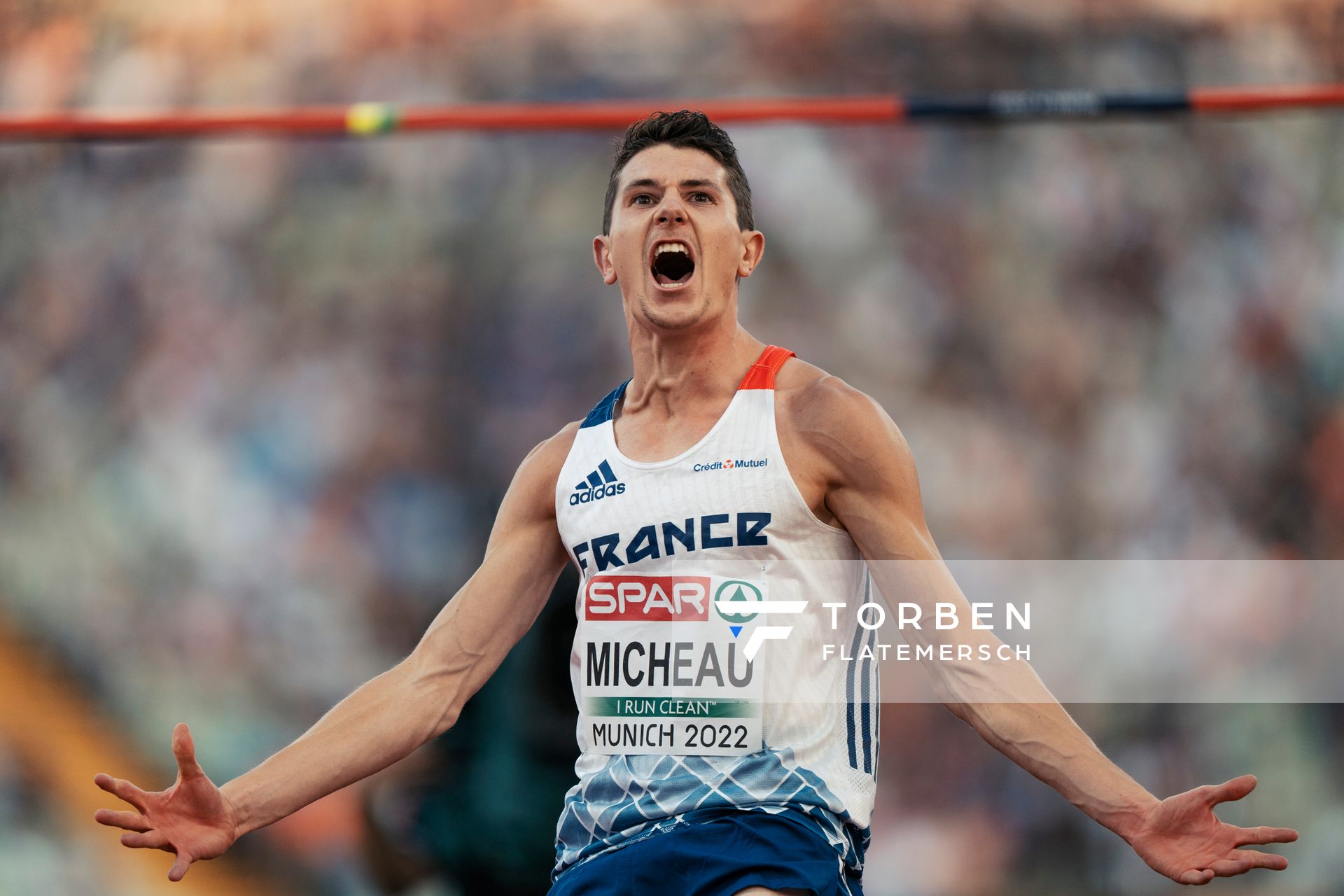 Sebastien Micheau (FRA) im Hochsprung am 16.08.2022 bei den Leichtathletik-Europameisterschaften in Muenchen
