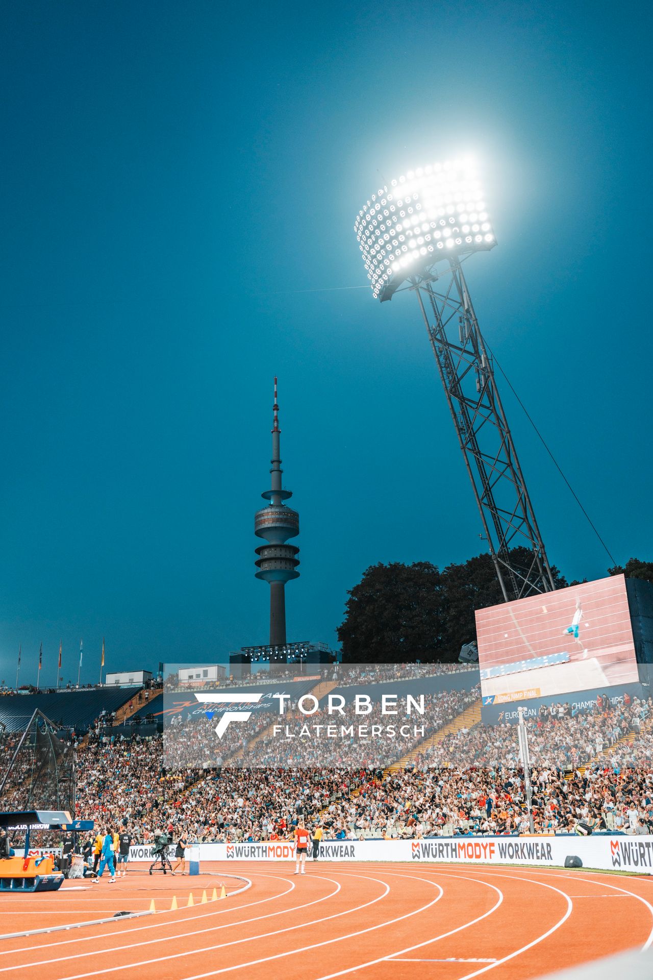 Flutlicht am 16.08.2022 bei den Leichtathletik-Europameisterschaften in Muenchen