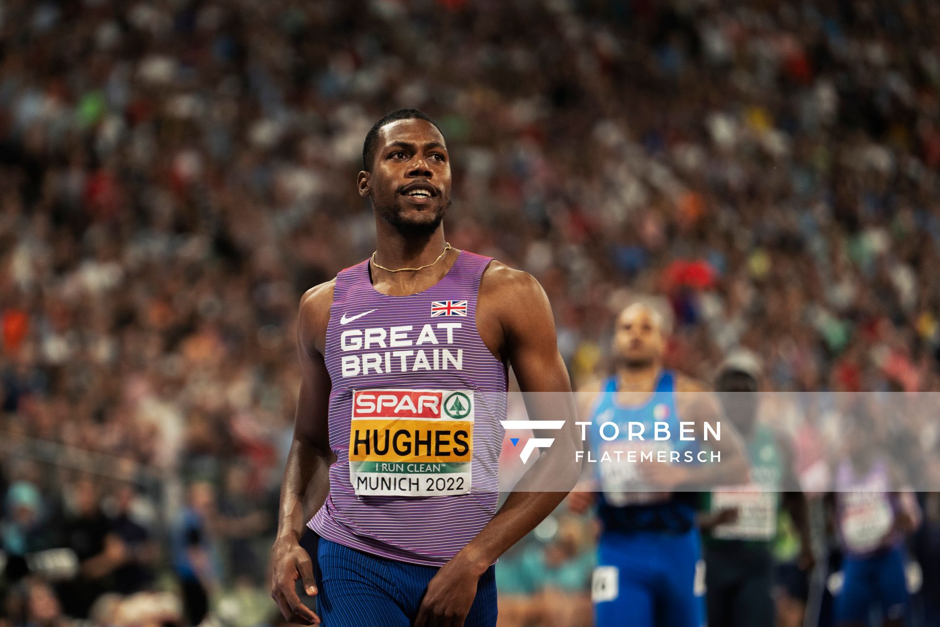 Zharnel Hughes (GBR) am 16.08.2022 bei den Leichtathletik-Europameisterschaften in Muenchen
