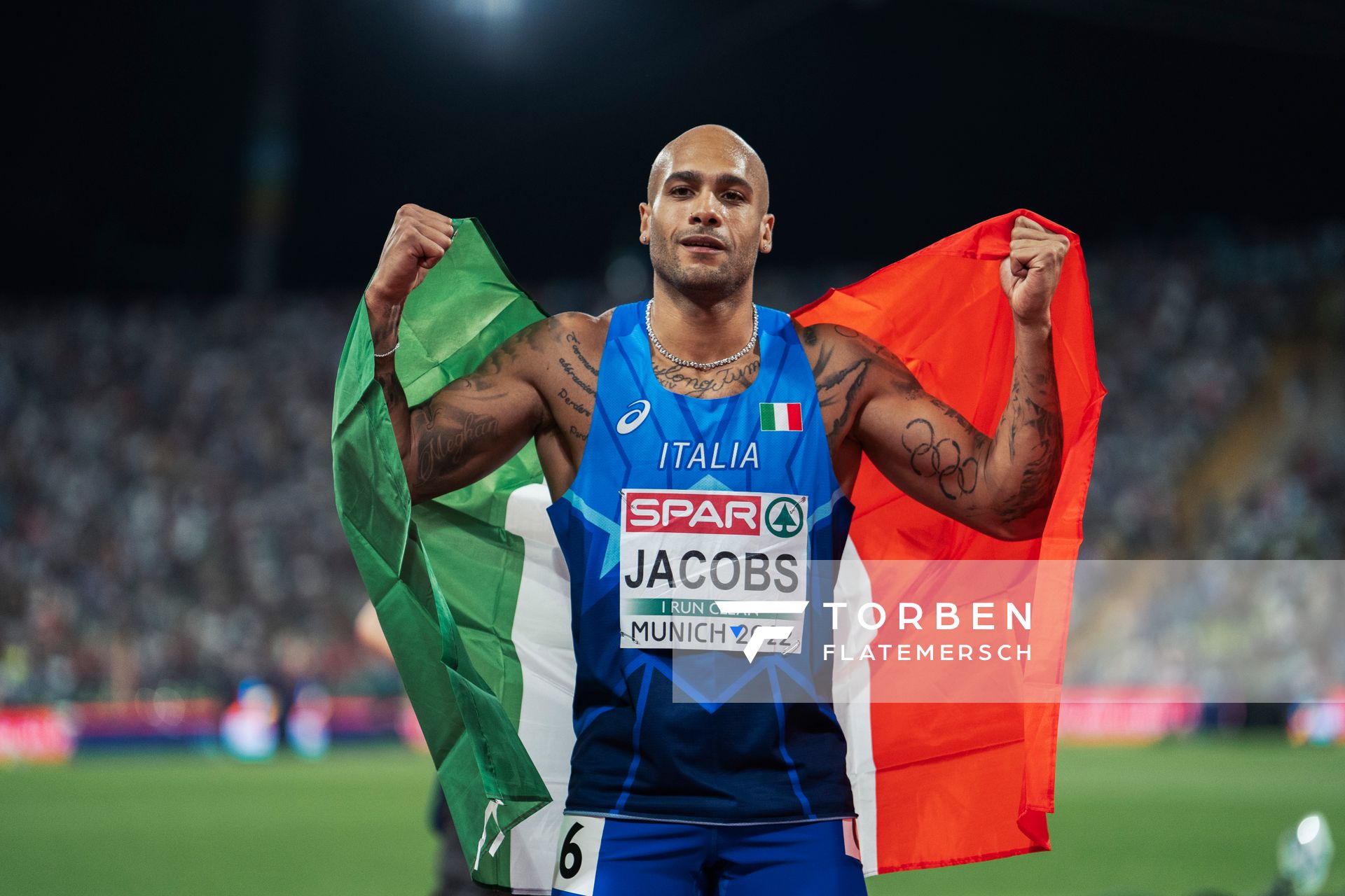 Lamont Marcell Jacobs (ITA) gewinnt das 100m Finale am 16.08.2022 bei den Leichtathletik-Europameisterschaften in Muenchen